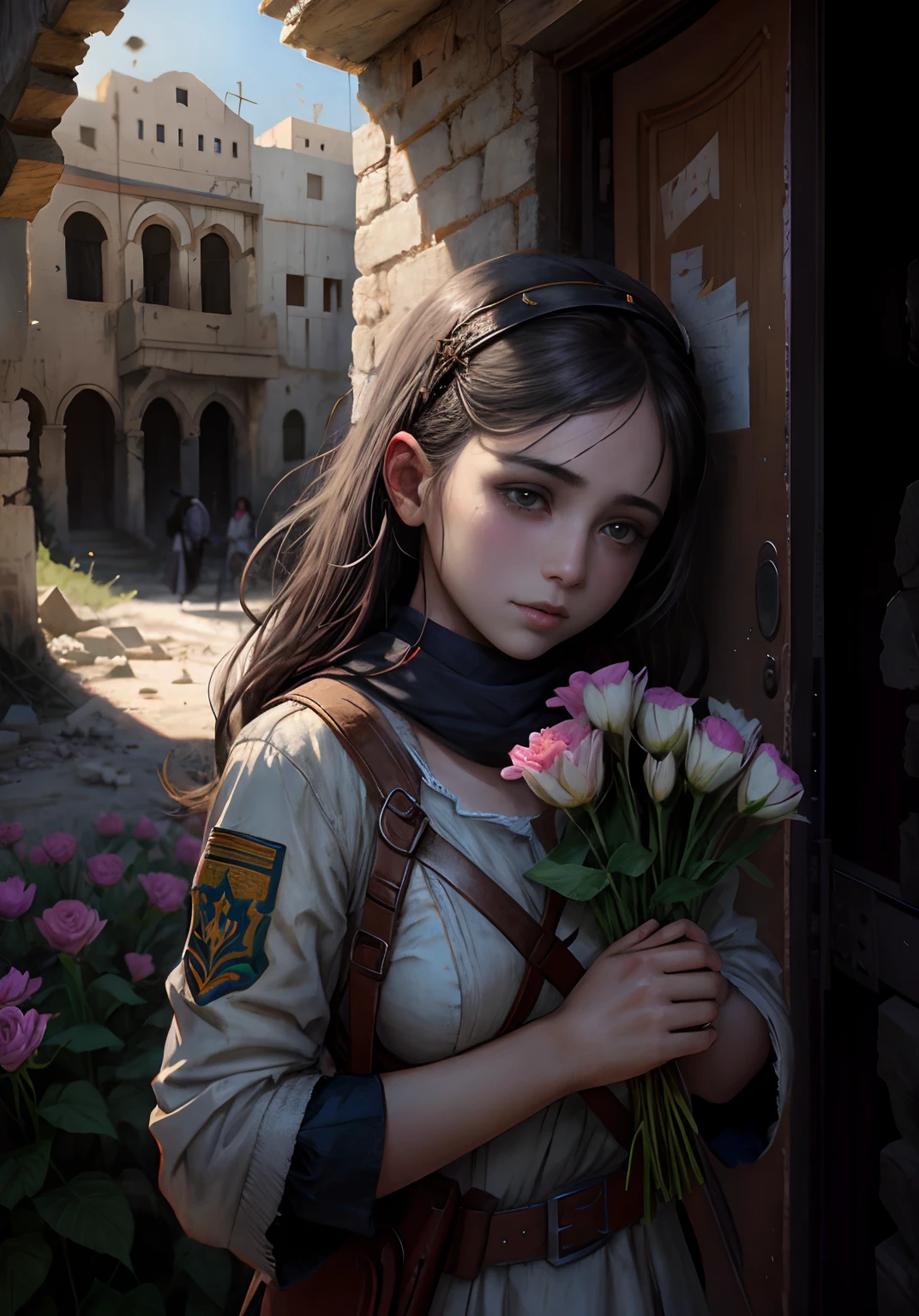 Anime girl holding flowers in front of ruins, Guviz-style artwork, author:Atun Sultan, lovely digital painting, Guviz, soldier girl, Beautiful digital artwork, wojtek fus, author:Mahmoud Fashkian, guweiz masterpiece, inspired by Wadim Kashin, author:Nabil Canso, stunning art style,Brutal war,Remains Cliff,Cute girl in the ruins of Palestine,Flowers in hand,There are stains on the face,Close your eyes and cry,A broken world