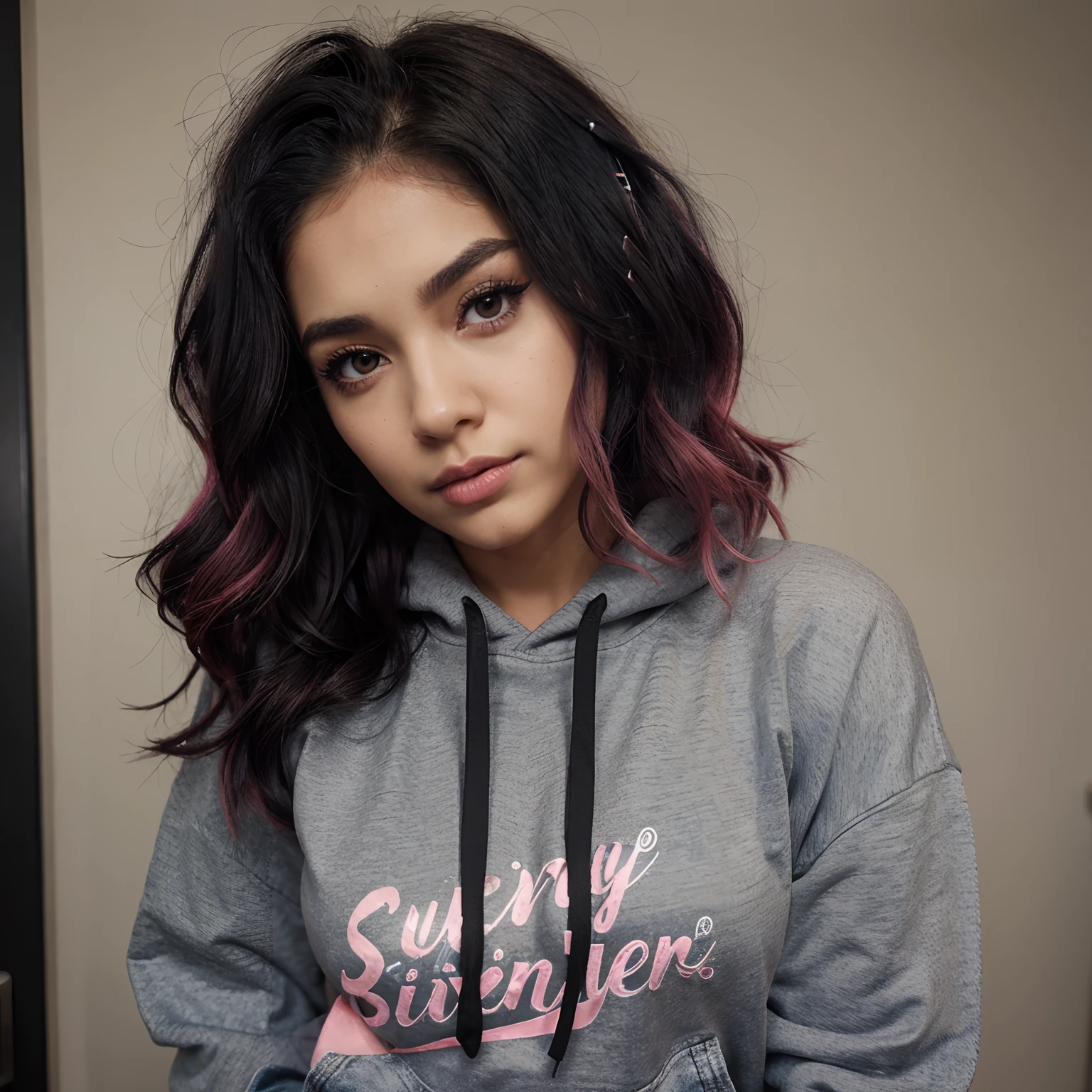 Girl, sassy, eyeliner, gray hoodie, medium size breast, black wavy hair, cury hair, blue jean, slighty pink hair, black hair, latina, sassy latina, olive skin, teenager, make-up, anime style,