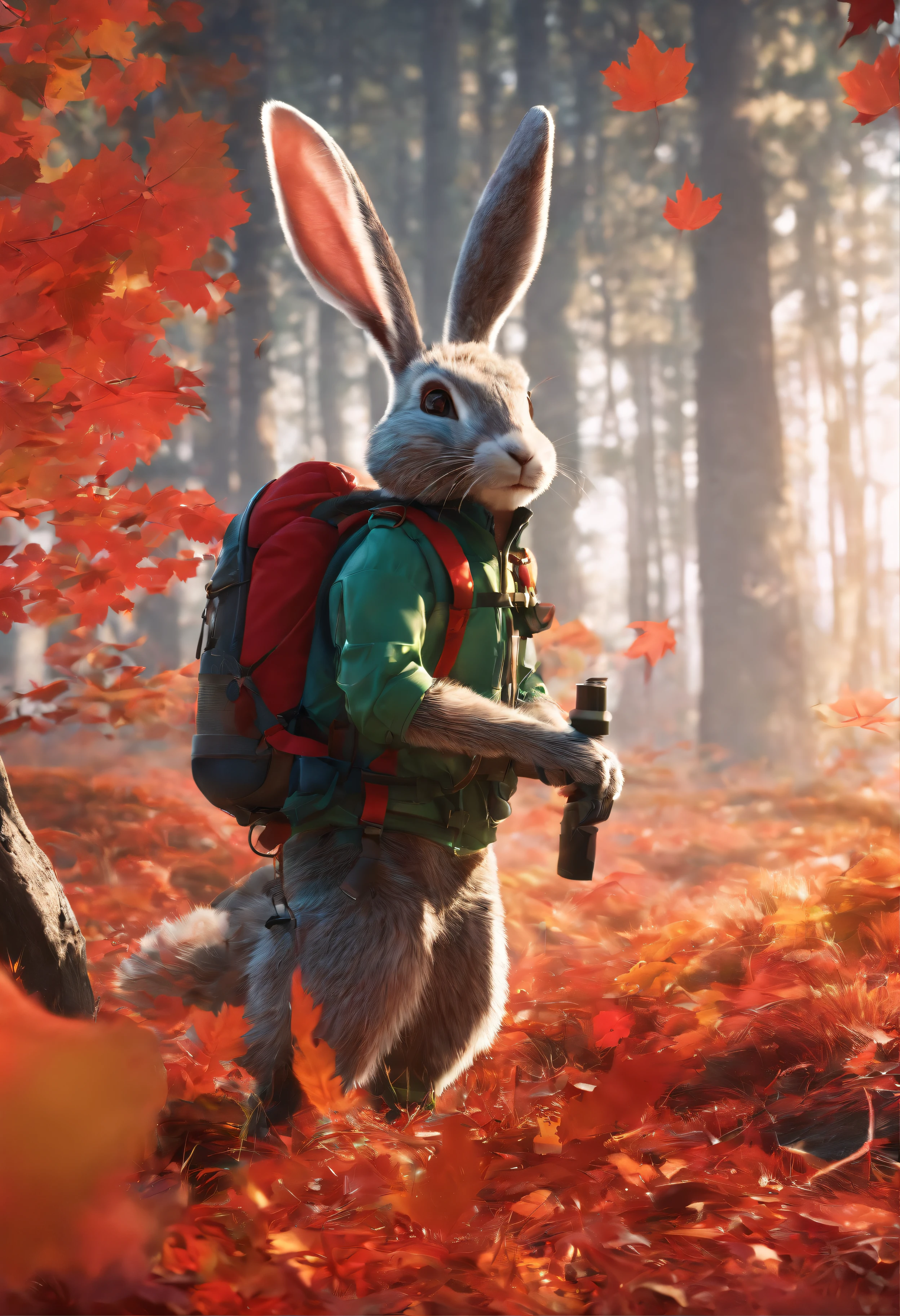 (A rabbit with binoculars stands on the path between the autumn leaves),
(Binoculars hanging from your chest:1.37),hairy, Big green bright eyes,, The rabbit wears a stylish green adventure outfit,green shorts, Wear red hiking boots on your feet, cute ears, (Green camping hat, Carry a green backpack with you, trowels, camping equipment, compass,)
(Curious to explore expressions:1.37), Exaggerated,Cartoon, 4D, Fox,at centre,Three-point system
Add a little background: Autumn Leaf Forest Trail Red Forest, autumn forest, red illuminating fog, In a red dream, really beautiful forest, Beautiful forest, Beautiful hazy wood, Red shade spray, Breathable and beautiful trees, breath-taking beautiful trees, red fog, beautiful forests and trees, Bright but dark red, red trees, a 3D render
{{Masterpiece}}, {{{Best quality}}}, {{Ultra-detailed}}, {{{illustration}}},concept art of character,Game scene graph,Clear facial features,close up photograph,Photography,postapocalyptic,Masterpiece,archviz/building rendering,rendering,corona rendered,rendering by octane,v-ray,High detail,hyper qualit,high resolution,trending on artstationh,hyper photorealism,surrealism,k hd,8K tilt shift,Long shot,Split Lighting,