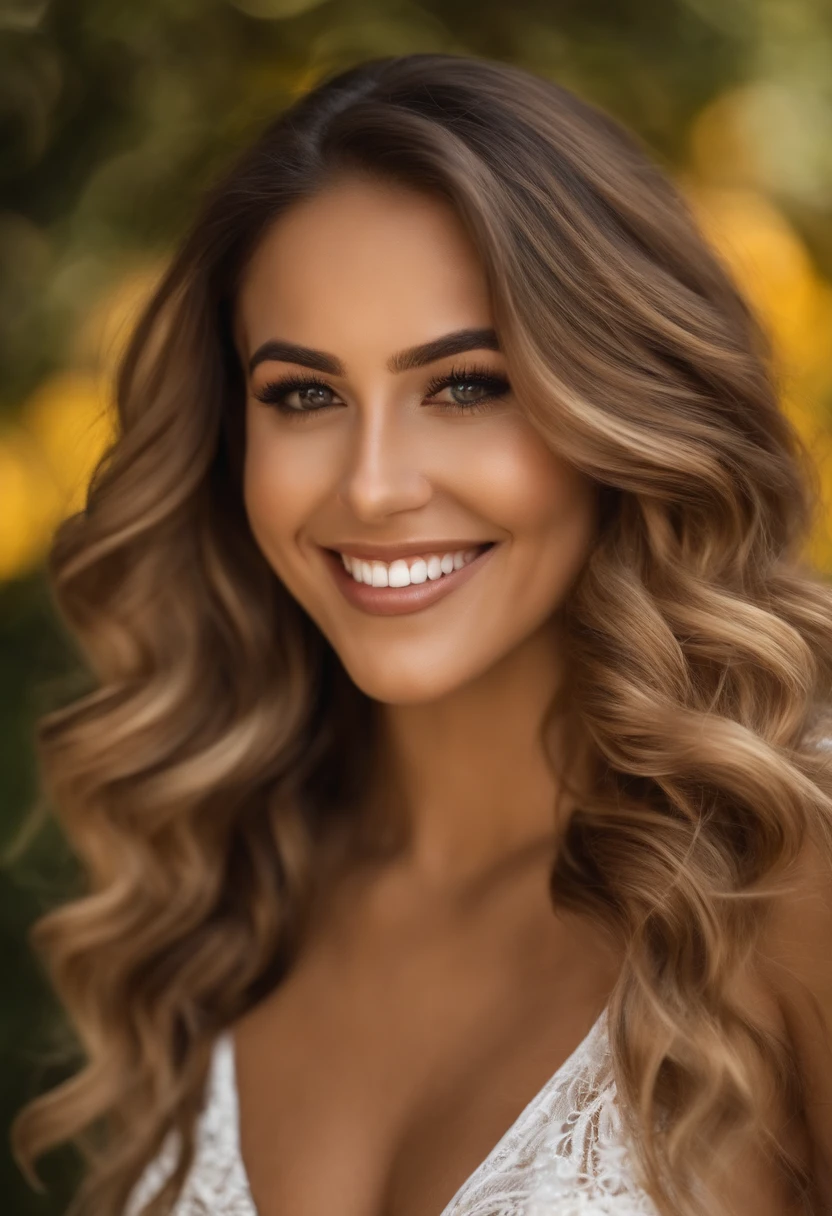 chica realista con detalles de cara bien definidios de cuerpo completo, cabello marron claro, sonriendo, cabello ondulado, con rasgos europeos, con escote, con grandes tetas