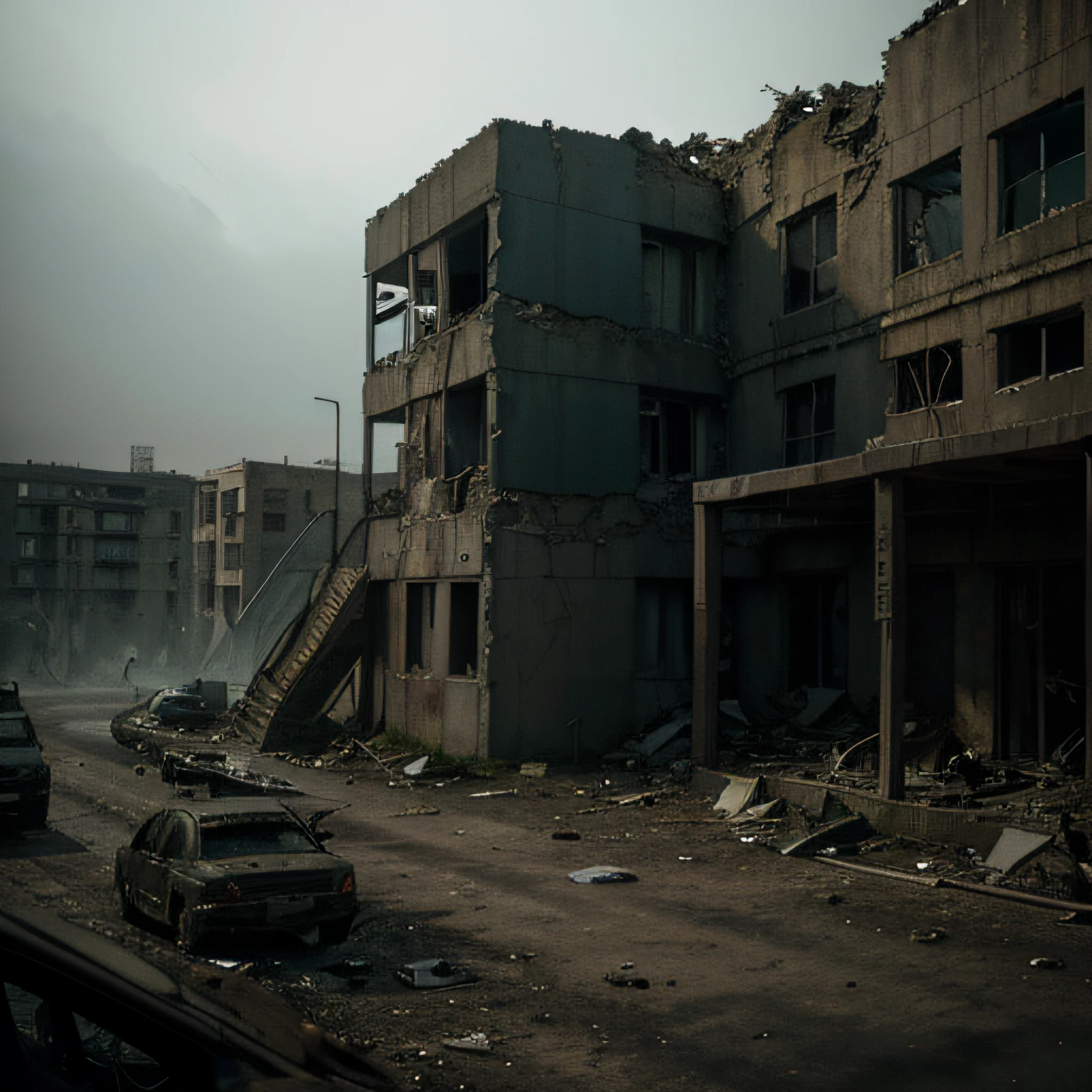 a post-apocalyptic scenario full of dead people, decaying buildings, desolate streets, wreckage, scattered items, abandoned vehicles, eerie silence, toxic atmosphere, ruins, overgrown vegetation, crumbling infrastructure, hauntingly beautiful landscapes, harsh sunlight, dust-filled air, dramatic shadows, hauntingly empty eyes, pale and lifeless skin, tattered clothing, worn-out shoes, scavengers roaming, a feeling of despair, solitude, the world in ruins, hopelessness, an unsettling stillness, a lone survivor, survival instincts kicking in, the struggle for survival amidst chaos, the human spirit persevering, a glimpse of hope in the distance, a new beginning emerging from the darkness. (best quality, highres), apocalyptic art style, desaturated colors, moody lighting.
