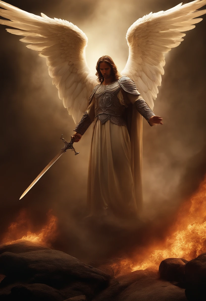 an image of an angel with a sword standing in hell, Anjo no inferno, arcanjo, anjos vs soldados, angel watching demon, angels and demons, anjo protegendo o homem, Arcanjo Miguel, O Anjo da Morte, Battle between angels and demons, anjo super largo, epic angel wings, angels protecting a praying man, necessidade humana anjo da morte. ((imagem epica)), ((alta qualidade))