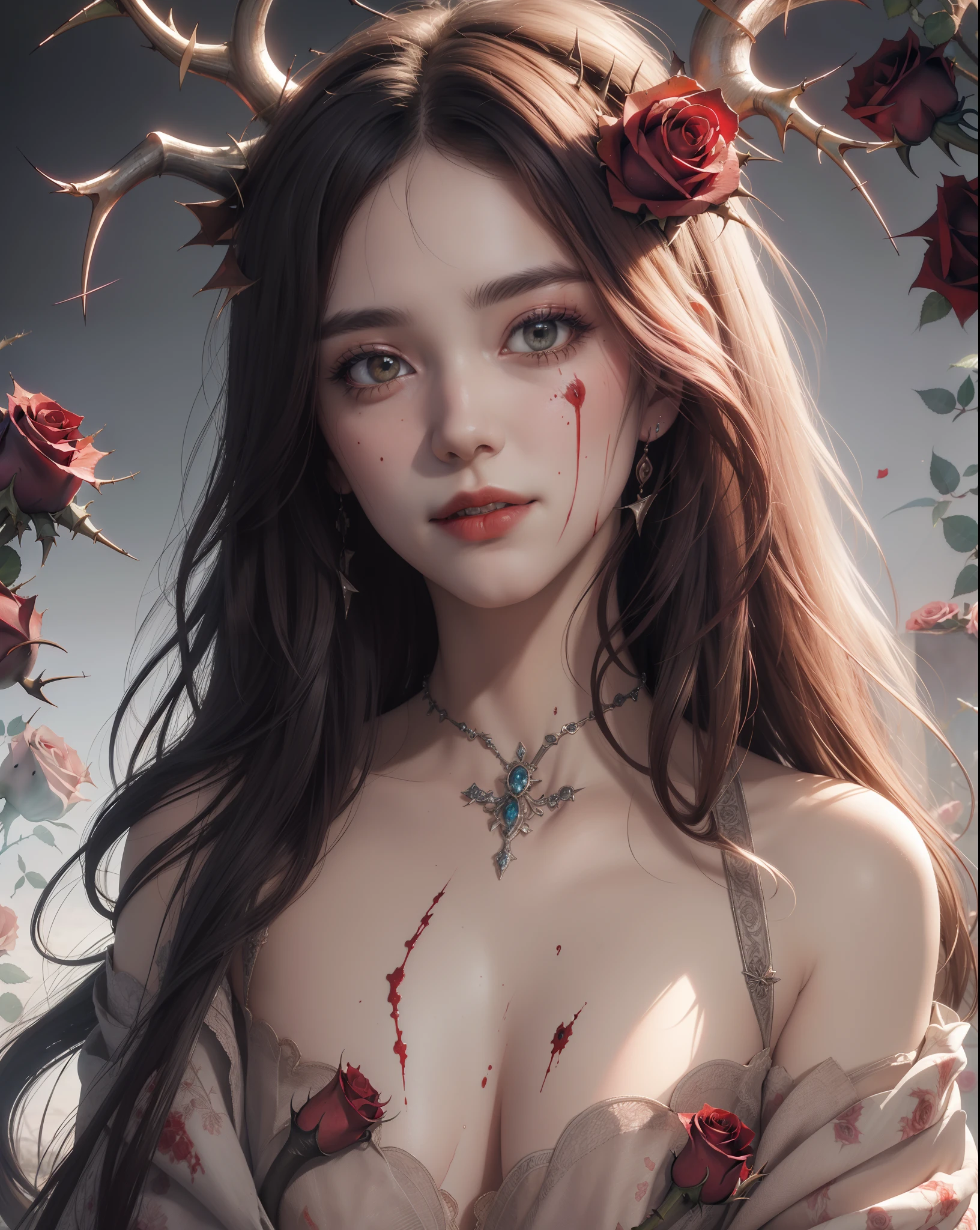 masterpiece, best quality, high quality, extremely detailed CG unity 8k wallpaper, portrait of a pagan goddess, antichrist, doomsday, holy, award winning photography, Photorealistic,extremely detailed, trending on artstation, trending on CGsociety, Intricate, High Detail, dramatic, art by midjourney, blood on face, evil smile, horror art, dread, (blood:1.2), (roses and thorn background:1.3)