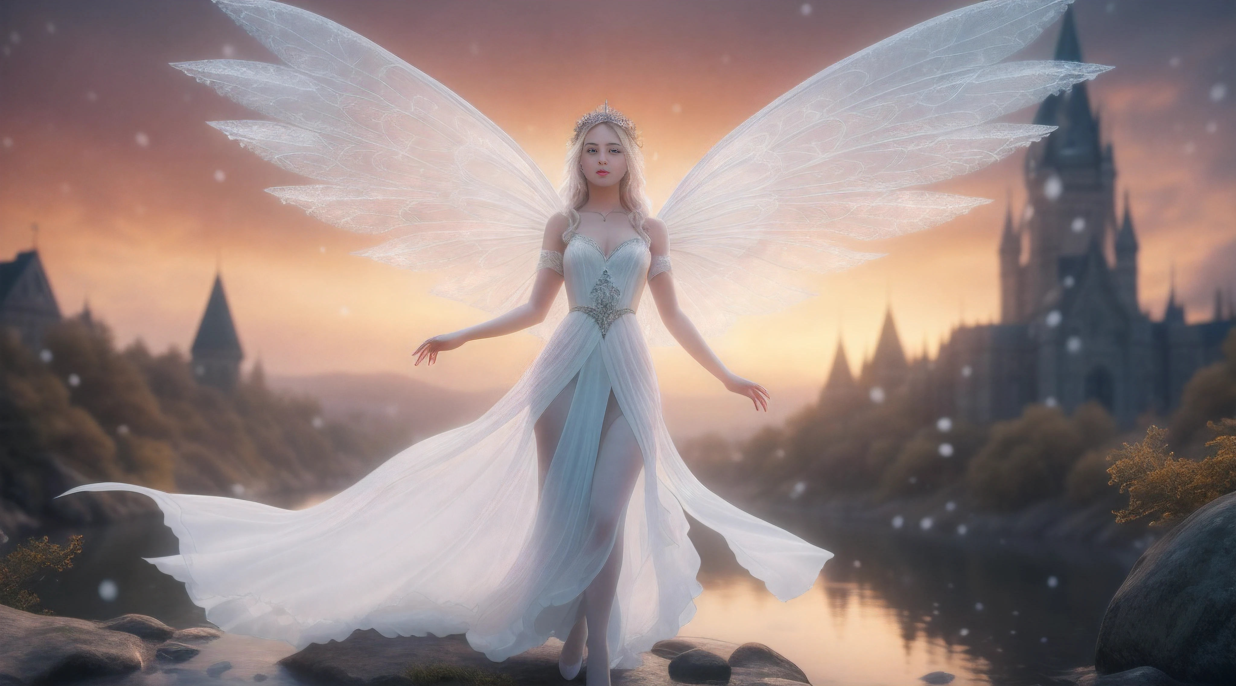 A woman wearing a white dress, flapping her wings in the air,the goddess of winter, the white witch, a river,a beautiful and elegant female fairy, the central fairy, high-quality fantastical art, the winter queen, female spirits, icy witches, beautiful fantastical art, breathtakingly beautiful female fairy princess, the river princess, fairy beauty, white fairy, long ears, white wings on the back,bright and cheerful, full-body picture, against the backdrop of a colorful sky, hyper-realistic, high-quality rendering, product view, artstation trends, CG society, super high-quality digital art, exquisite ultra-detailed rendering, 4K resolution, soft lighting, dreamy and ethereal feeling, unreal engine rendering, 8K Ultra HD resolution, high density film-like image comments, high-quality image rendering with super detailed film grain texture.