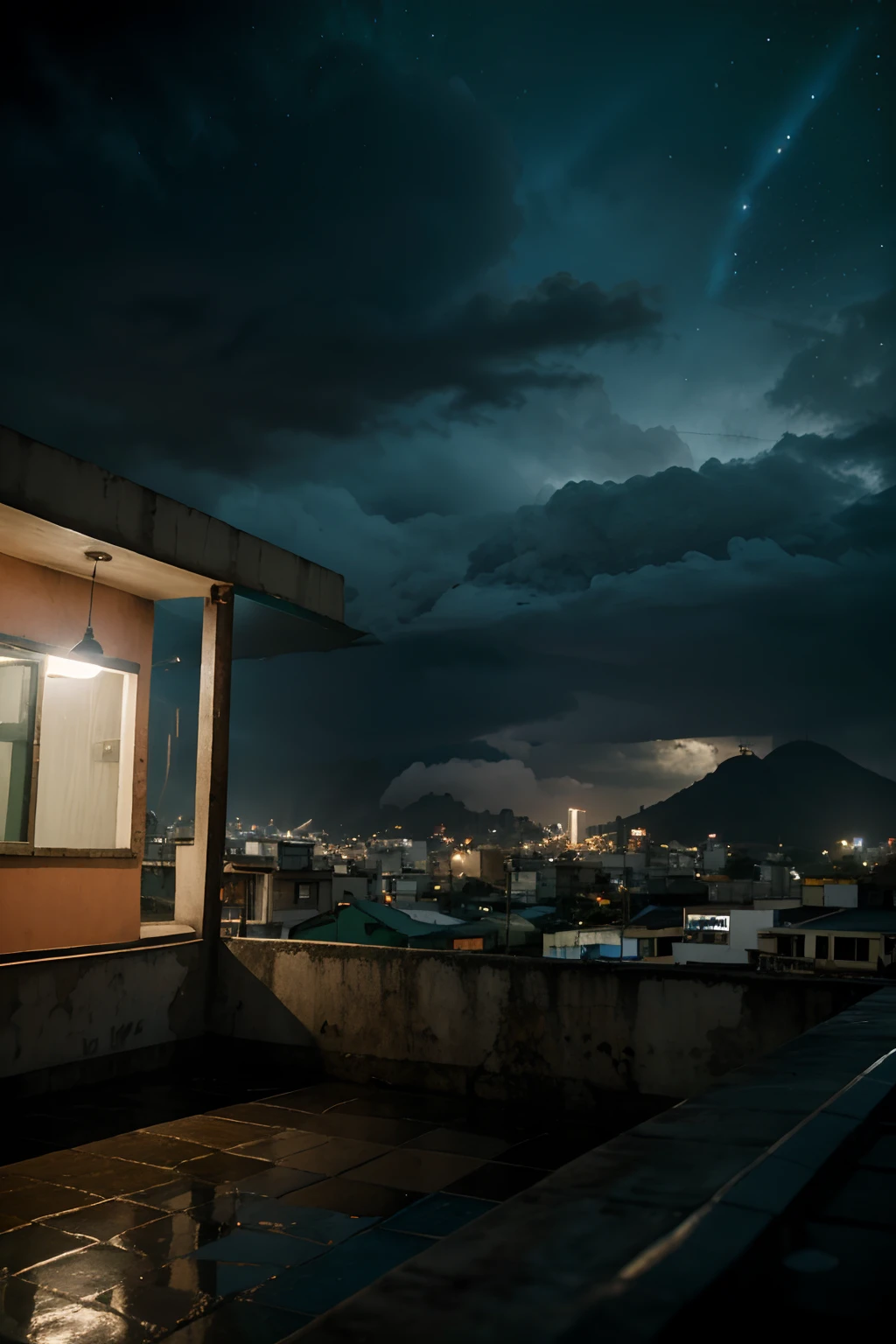 Lofi, confy, favela, room, Rio de Janeiro, rain, partly cloudy and rainy sky, but starry