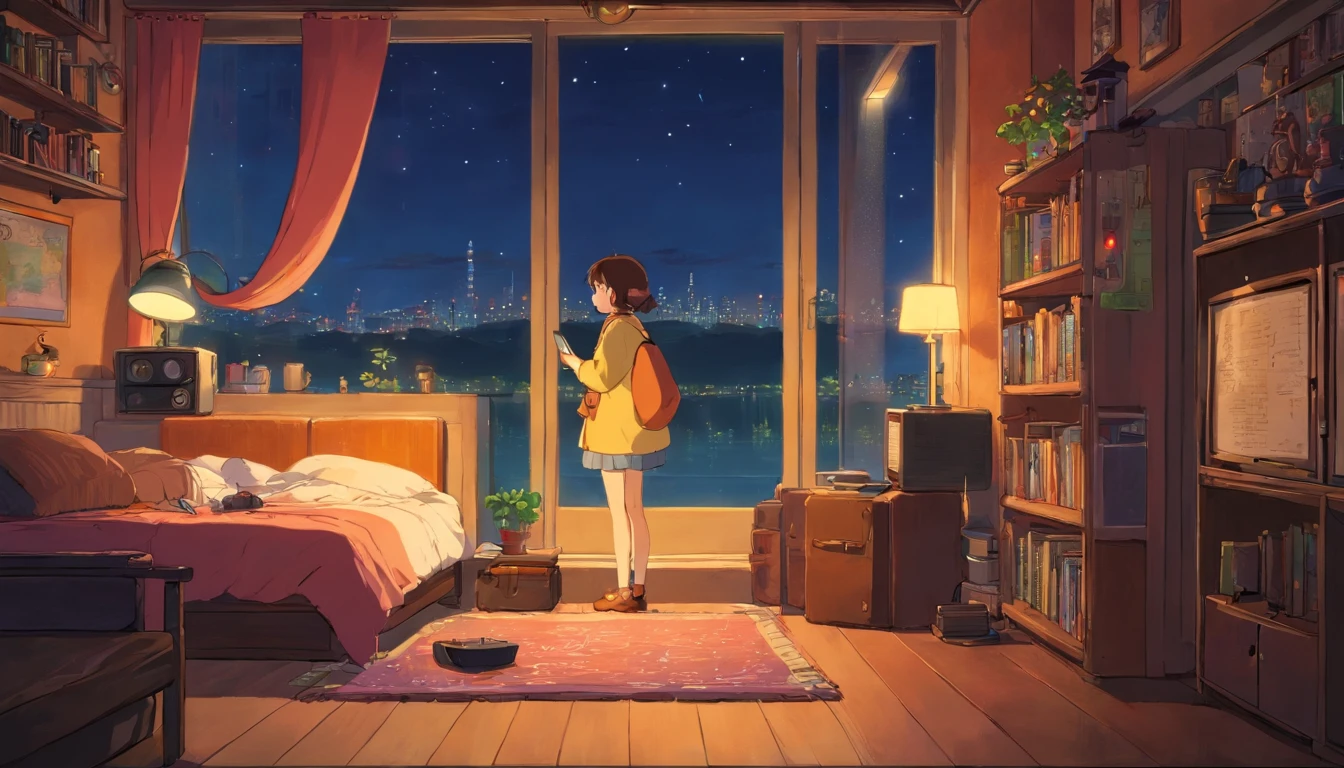 Girl listening to music in a cozy room at night, Usando fones de ouvido, Anime estilo 2D, Lo-fi, disco Rigido, Ambiente escuro, Cuddled with her boyfriend,