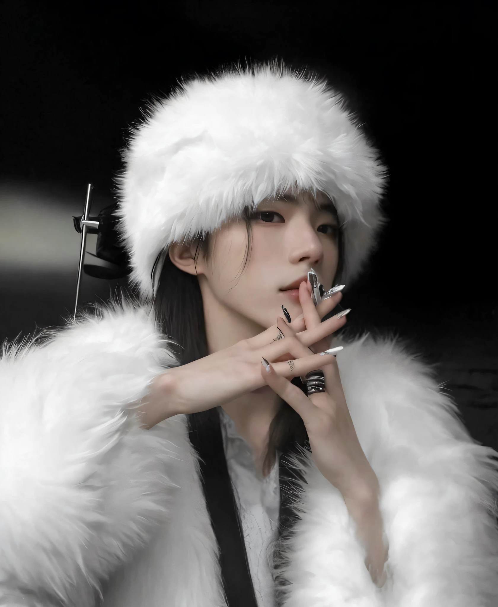 Araffe mujer con un abrigo de piel blanco fumando un cigarrillo, pelaje blanco, con pelaje blanco y esponjoso, Cai Xukun, con pelo largo blanco, pelaje blanco esponjoso, Pelaje blanco detallado, pelaje blanco y piel oscura, inspirado por Zhu Da, Xintong Chen, pale snow white skin, con el pelo largo y blanco, sombrero blanco, cold as ice! 🧊