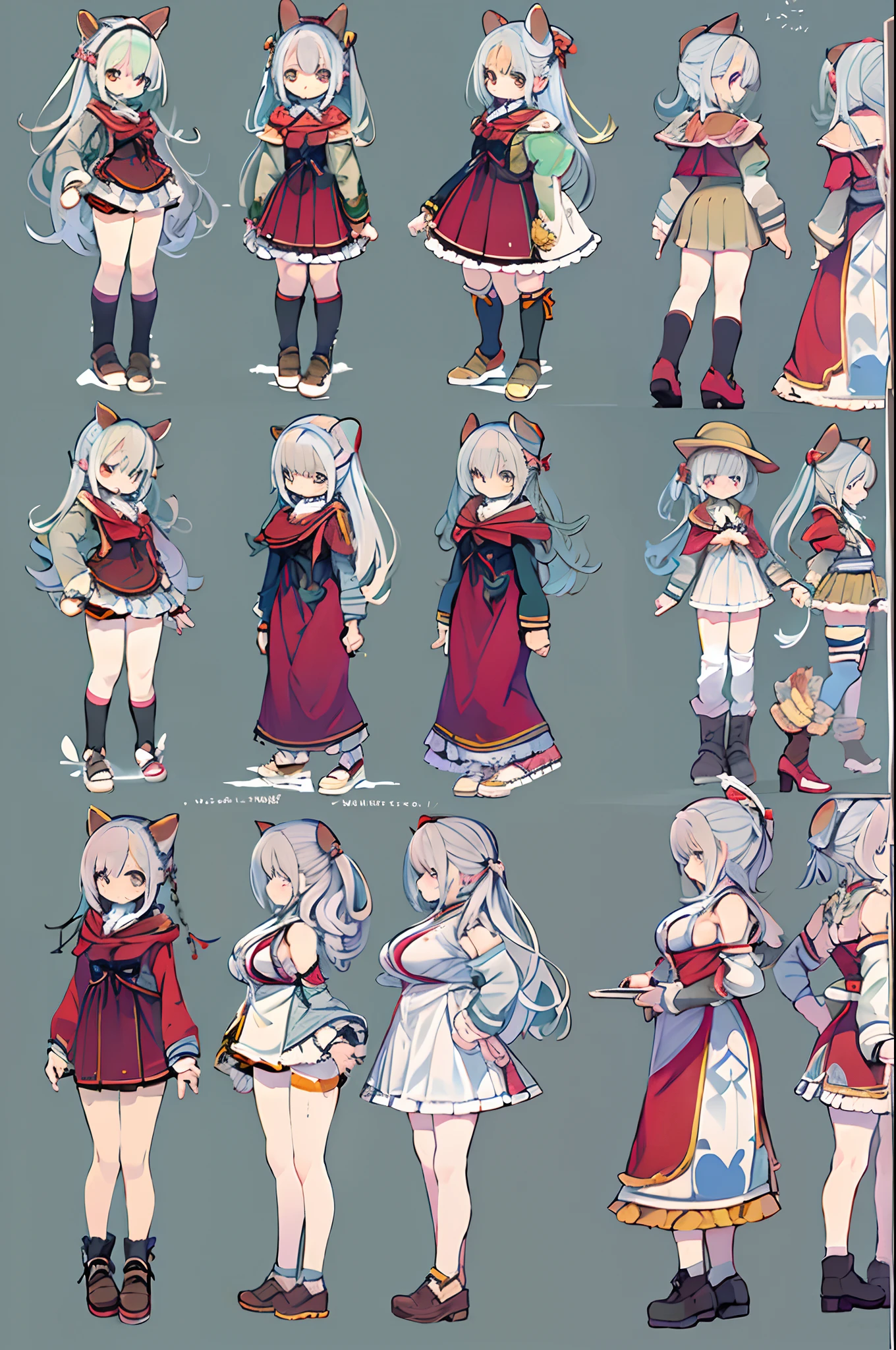 ((masutepiece)), (Highest Quality))), (CharacterDesignSheet, National Costume, Same character, front, Side, Back), Illustration, 1 girl, Full body, Silver hair, Eye hair, Beautiful eyes, Princess Cut, environment change scene, Short skirt, Shyness, Woman, girl, Standing, Gothic ta, v tuber, Charter Betarola, (Simple background, White background: 1.3) ( masutepiece:1.2), (Best Quality:1.3),bbw