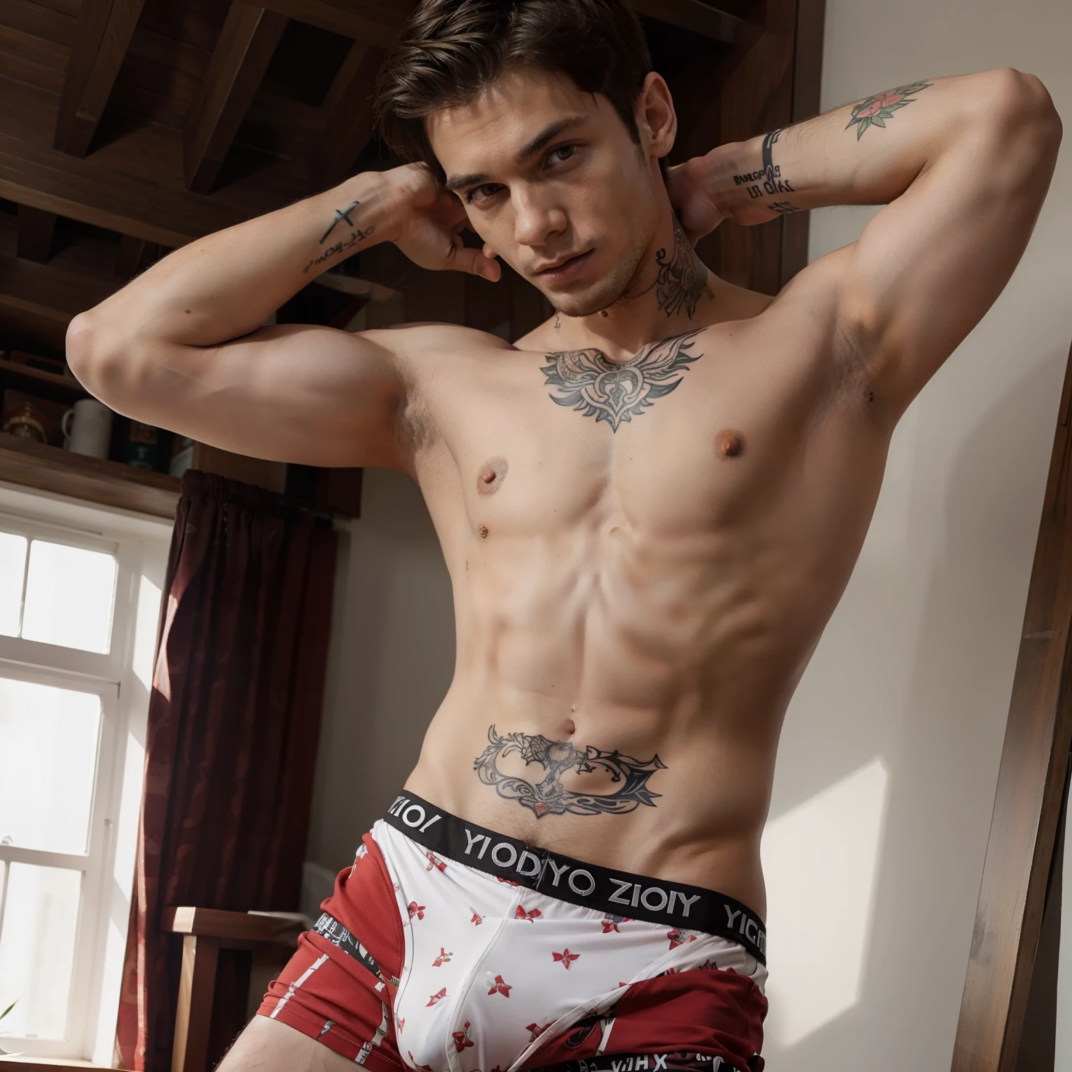 Young males, tight patterned boxers, topless, skinny body, tattoo