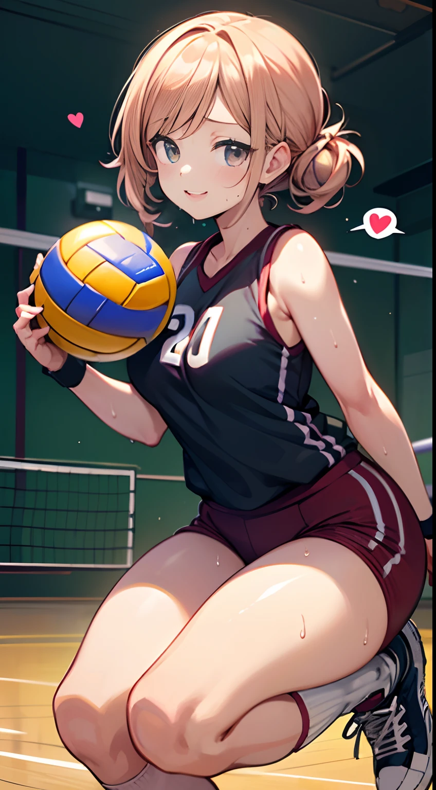 UHD, anatomically correct, 8k, (((masterpiece))), (((best quality))), (((ultra detailed))), (((high-resolution))), ((super fine illustration)), ((Ultimate cutie)), detailed beautiful face, solo, ((gyaru)), potbelly, ((curvy)), shiny hair, happy, smile, (blush),
BREAK, (((buruma))), ((sleeveless gym uniform)), ((wrist bands)), ((kneepad)), (((loose socks))), ((high top sneakers)), buruma, buruma,
BREAK, (((Throwing the Beautiful spherical shape 6-inch volleyball))), ((sweat)), (perspired), (heavy breathing), sense of depth, in gymnasium, lighting, looking at viewers, (spoken heart)
