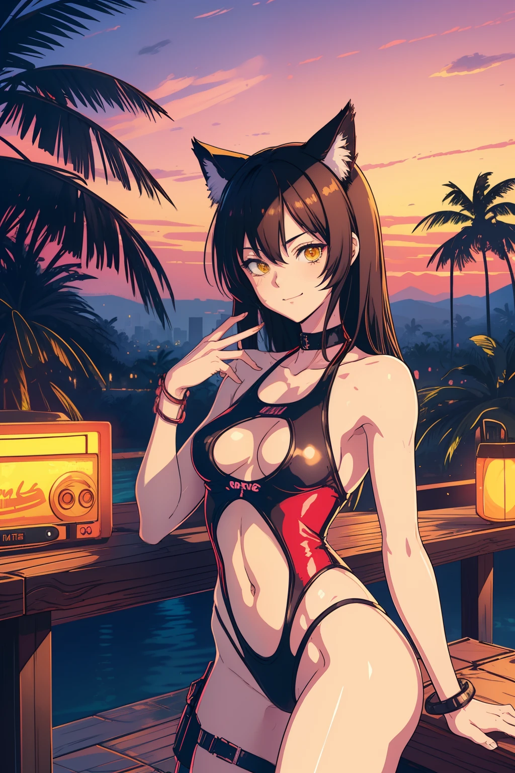 (slim body, nsfw), (best quality, 4k, 8k, high-res, ultra-detailed, anime style, pastel, warm colors), catgirl, black hair, yellow eyes, looking at viewer, smug, slightly smiling, palms, oasis behind, vaporwave, red light, dark red lights, closeup, vintage, vhs, vignette, black sexy swimsuit