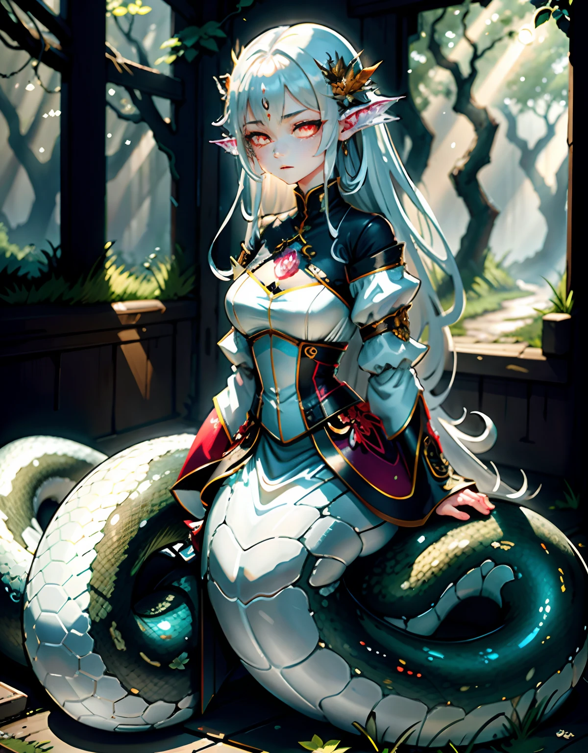 Detailed snakeskin， （AS-Adult）， Individual focus， （Lamia）， stoic， monstergirl， ， beautidful eyes， beatiful background， abandoned cottage， ln the forest， light particules， suns rays， dramatic  lighting， do lado de fora， grassy， leafs， Shiny （amarelo， Red Jewel， White gradient：1.5）， Realistis， tmasterpiece， best qualtiy， ultra - detailed， A detailed， scenecy， 美丽细致的眼睛， Detailed gray hair，beautiful red eye