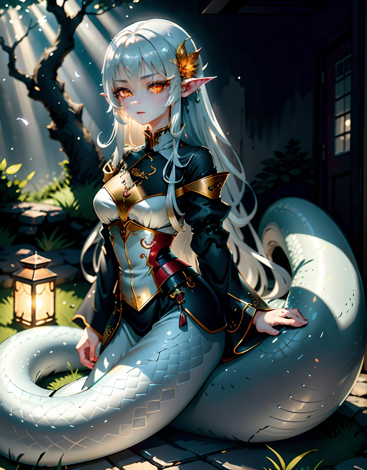 Detailed snakeskin， （AS-Adult）， Individual focus， （Lamia）， stoic， monstergirl， ， beautidful eyes， beatiful background， abandoned cottage， ln the forest， light particules， suns rays， dramatic  lighting， do lado de fora， grassy， leafs， Shiny （amarelo， Red Jewel， White gradient：1.5）， Realistis， tmasterpiece， best qualtiy， ultra - detailed， A detailed， scenecy， 美丽细致的眼睛， Detailed gray hair，beautiful red eye