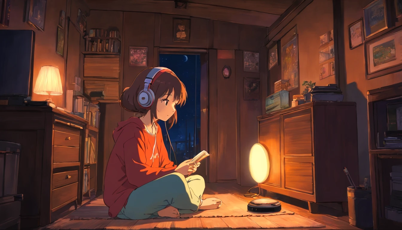 Girl listening to music in a cozy room at night, Using headphones, 2D style anime, Lo-fi, Hard disk, Dark environment, zoom to her girl