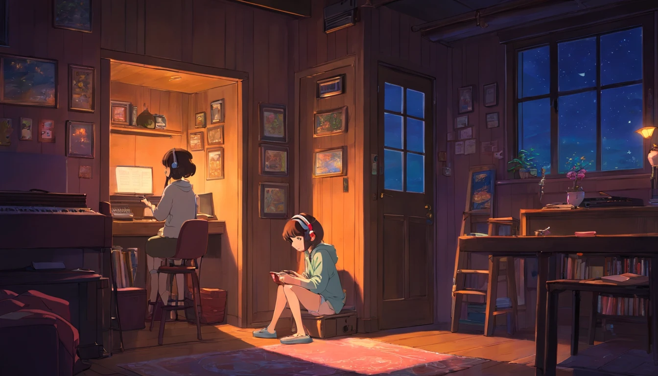 Girl listening to music in a cozy room at night, Using headphones, 2D style anime, Lo-fi, Hard disk, Dark environment, zoom to her girl