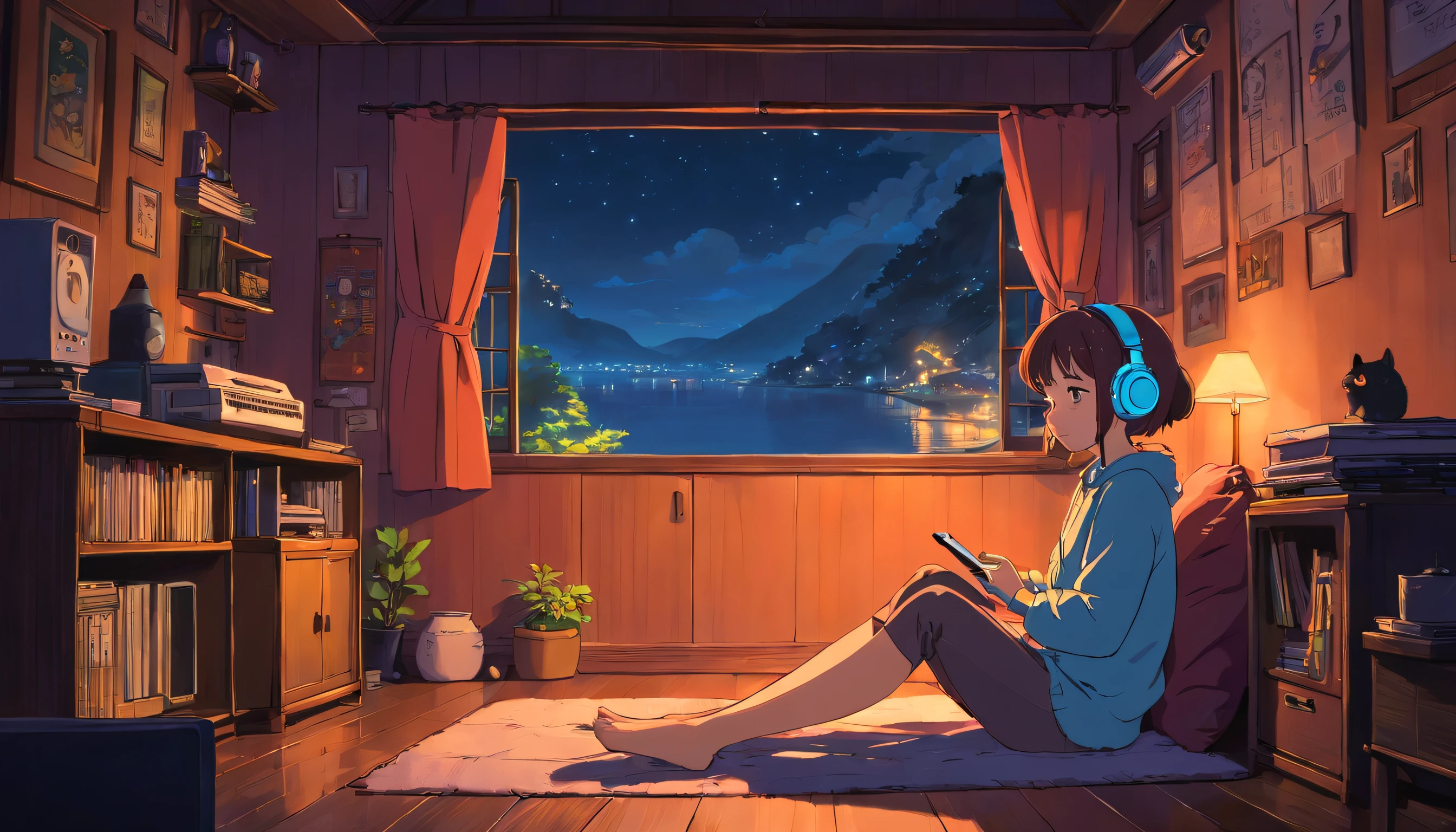 Girl listening to music in a cozy room at night, Using headphones, 2D style anime, Lo-fi, Hard disk, Dark environment