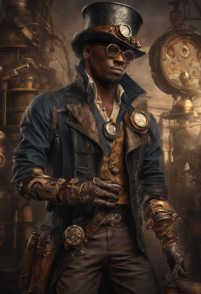a dark-skinned man wearing a Steam Punk hat and holding a gun., homem Steampunk, usando trajes Steampunk, inventora steampunk, (Steampunk), ( Steampunk ), estilo steampunk, Steam-punk, Steampunk Fiction, steampunk aesthetic, uma deus Steampunk bonito, steampunk homem anime bonito, Steampunk, fantasia Steampunk, estilo de fantasia steampunk, arte steampunk, arte digital steampunk, roupas Steampunk