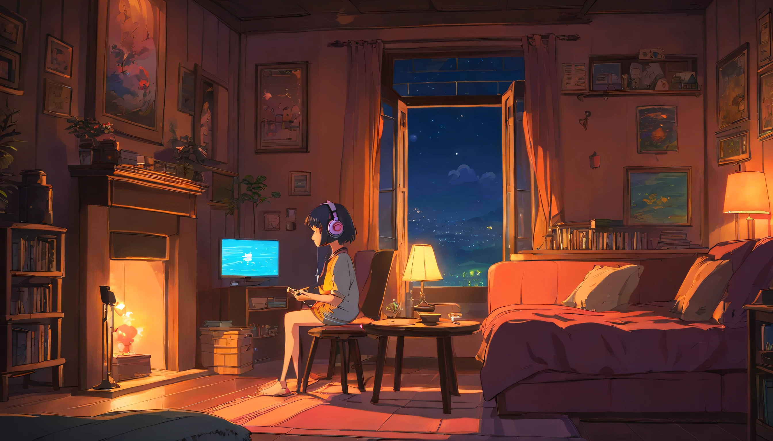 Girl listening to music in a cozy room at night, Using headphones, 2D style anime, Lo-fi, Hard disk, Dark environment