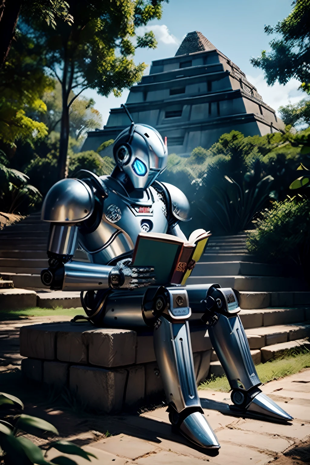 All-metal robot, luzes brilhantes, The robot is reading a book at the foot of an Aztec pyramid surrounded by forest.