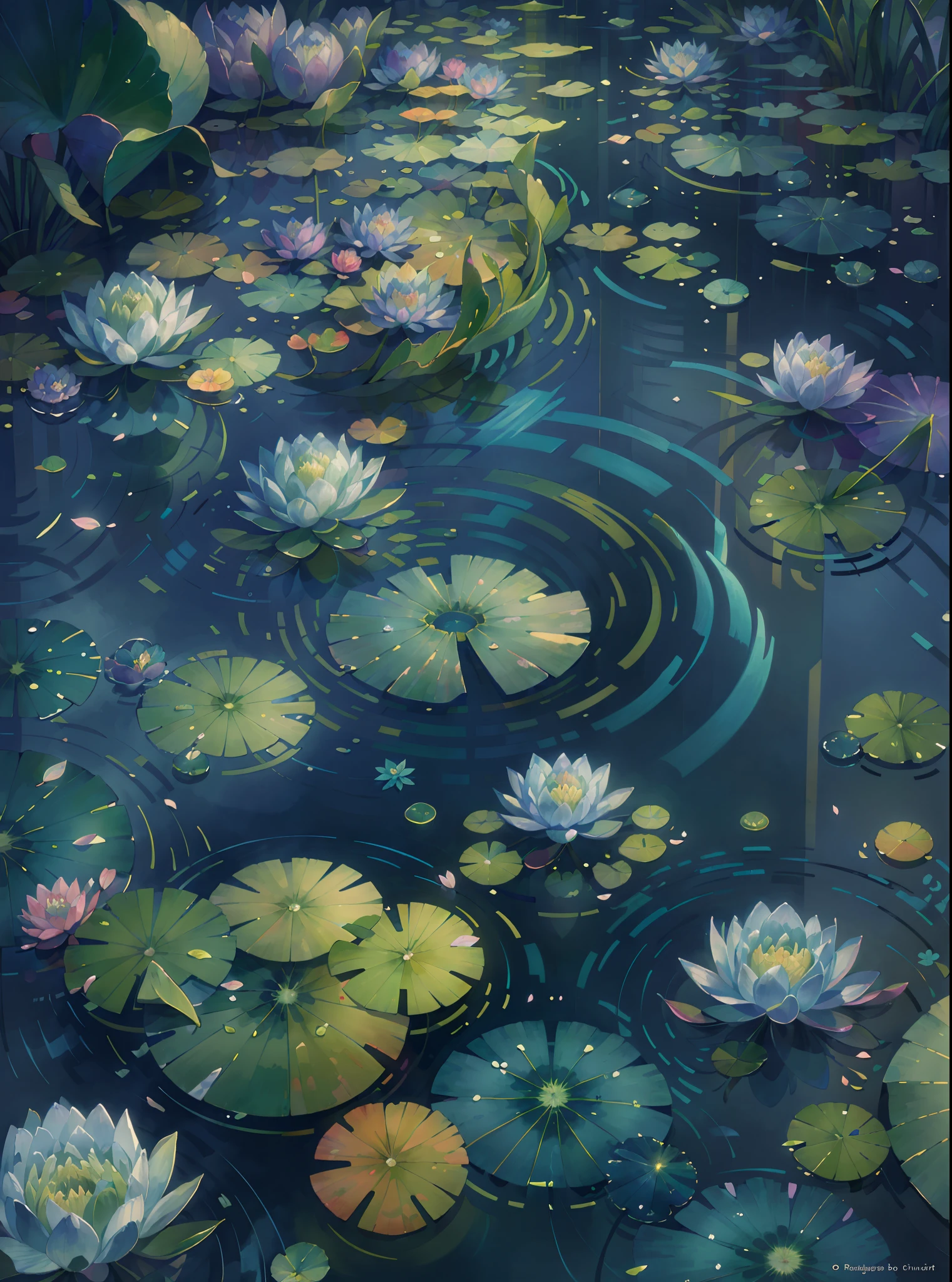 original, illustration, best quality, masterpiece, the Extremely Detailed CG Unity 8K Wallpapers, a colorful, water lilies, water lily petals, scenic beauty, rivers|Wagas, no human