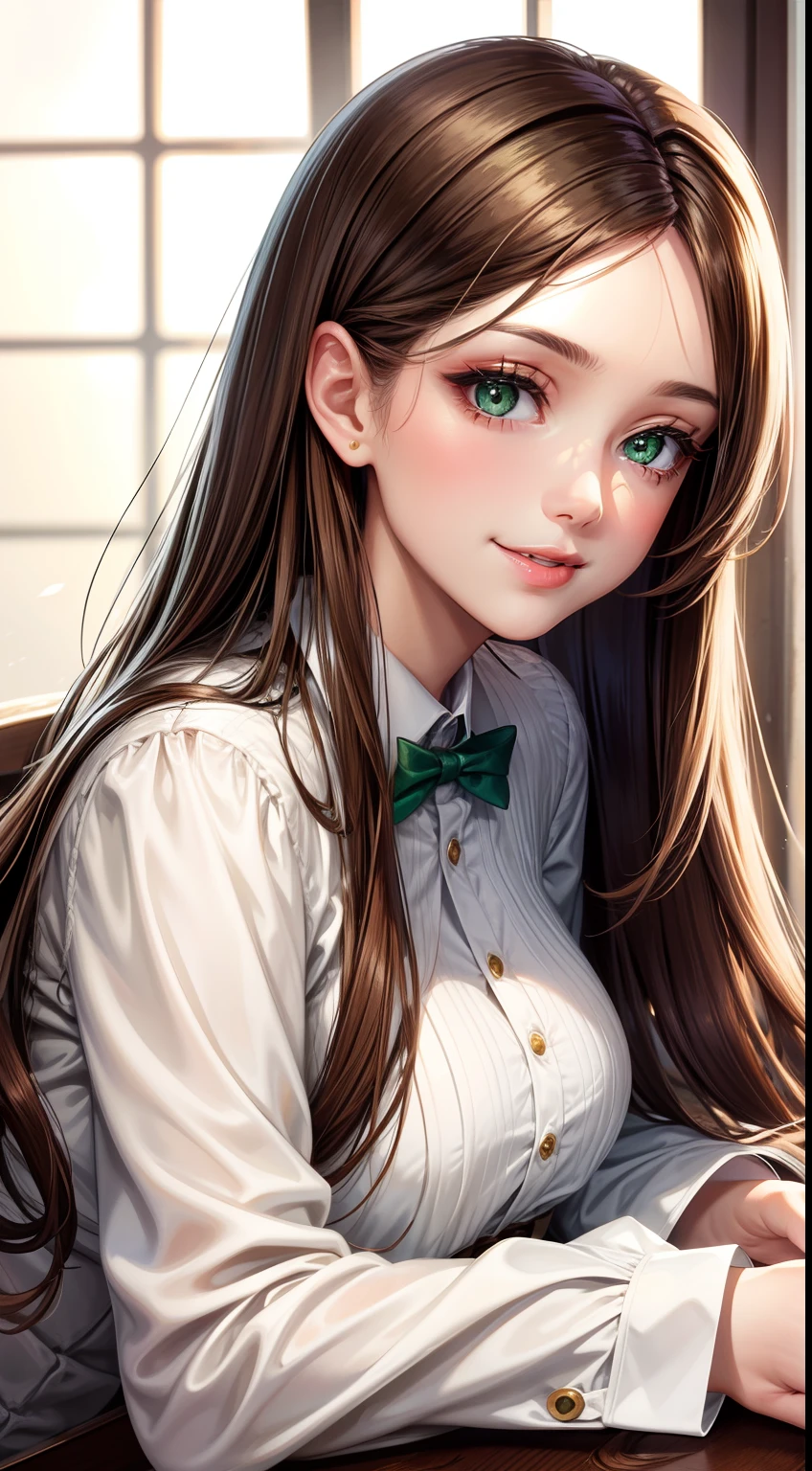 adult woman, Long brown hair, green eyes, White formal wear, lipstick, smile, 巨作, Qualitis