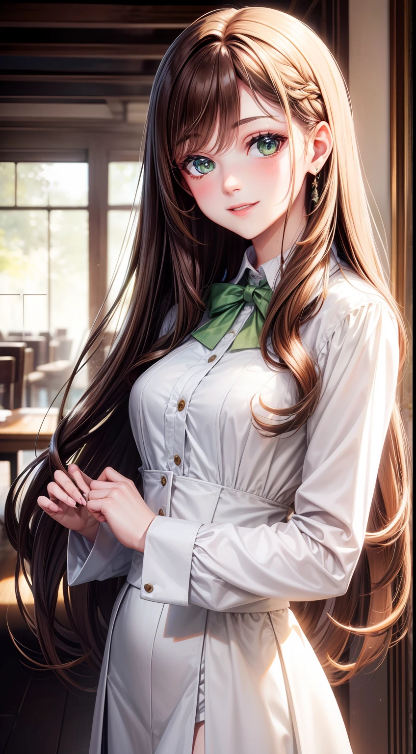adult woman, Long brown hair, green eyes, White formal wear, lipstick, smile, 巨作, Qualitis