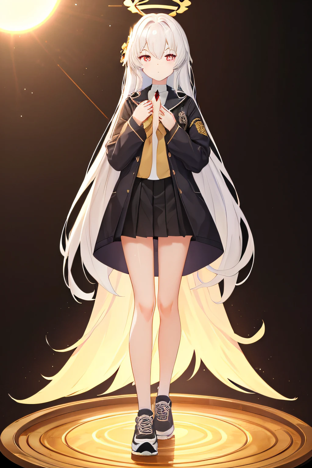 tmasterpiece，Extremely Delicately Beautiful,Two-dimensional exquisite painting style，Extremely meticulous and delicate,8K ，High quality，Ultra detailed，CG wallpaper,illustratio,Color background grayscale:1.1, A girl with short white hair，Tall and tall，Red colored eyes，There is a golden pattern in the eyes，are standing，Look forward expressionlessly，Wear a black trench coat，black short skirt，White and black running shoes，nipple play《azur lane》styled，There is a golden halo on the head，There is a golden sun-shaped pattern in the halo，There is no badge on the chest，Black palace，School attire for teenagers，Little white hands，Women's hands,独奏，1girll，full bodyesbian，standing on your feet，Beautiful melon seed face，The golden halo on the head has a sun pattern inside，Big clear and bright eyes，Look straight ahead，face expressionless，There is a golden halo on the head，There is a golden sun-shaped pattern in the halo，Place your left hand on the left side of your left leg，Place your right hand on the right side of your right leg，Stand and look ahead