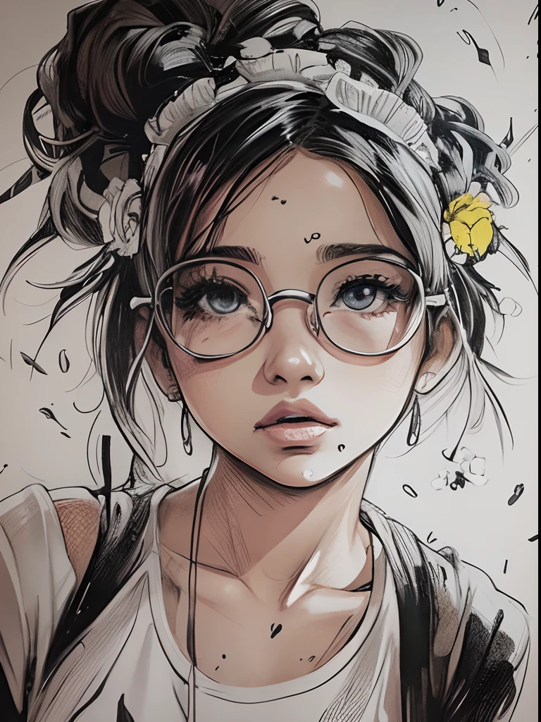 Pau preto e branco figura 1 menina com flores,  Flores no fundo, Loli em vestido com flores, sua arte de linha de tinta fina, comiс style, Retrato da menina ploynesian, Marilyn Munroe, Glam hollywoodiano, bela arte de linha, black and white comic style, Manga style, Manga art style, Caricature drawing in pencil and ink, black and white coloring