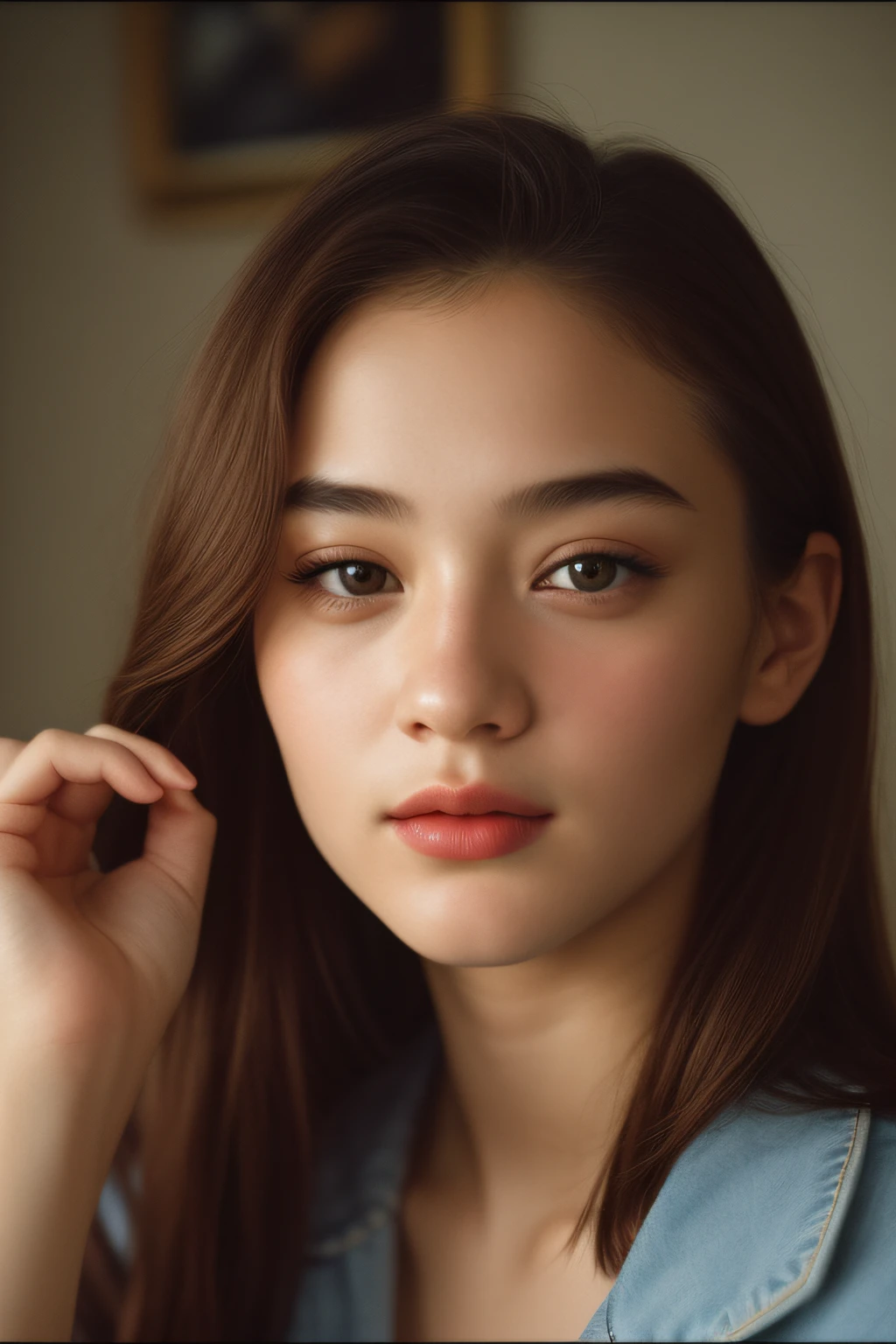 Taking a captivating close-up editorial photo of a 21-year-old girl. The emphasis should be on her intricately detailed face with a score of 0.7 Probability of Capturing a Genuine Smile. Imagine, that you're putting her in a moody state., Dimly lit private office, with a cinematic vision directed by Lee Jeffreys. Pair the exceptional Nikon D850 with Kodak Portra 400 35mm film, with the participation of F1.6 lenses for bright and rich colours. Emphasize hyper-realism, Paying close attention to texture and light drama, film-like Cinestill 800. The result should be a portrait, that not only embodies cinematic excellence, but also exudes an abundance of intricate and realistic details.