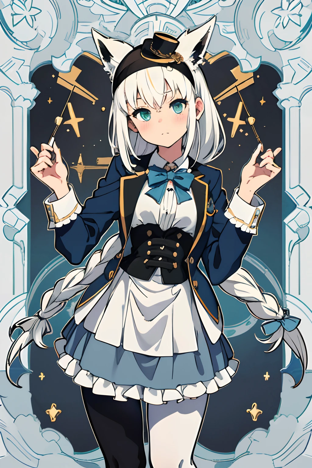 masterpiece, (absurdres, highres, ultra detailed), fubukielegant, (braided ponytail), blue coat, blue bowtie, buttoned corset, collared shirt, long skirt, grey skirt, frills, (white pantyhose:1.4), mini hat, top hat, hairband, white hair, \tarot\, Symbolism, Visual art, Occult, Universal, Vision casting, Philosophical, Iconography, Numerology, Popularity, Artistic, Alfons Mucha