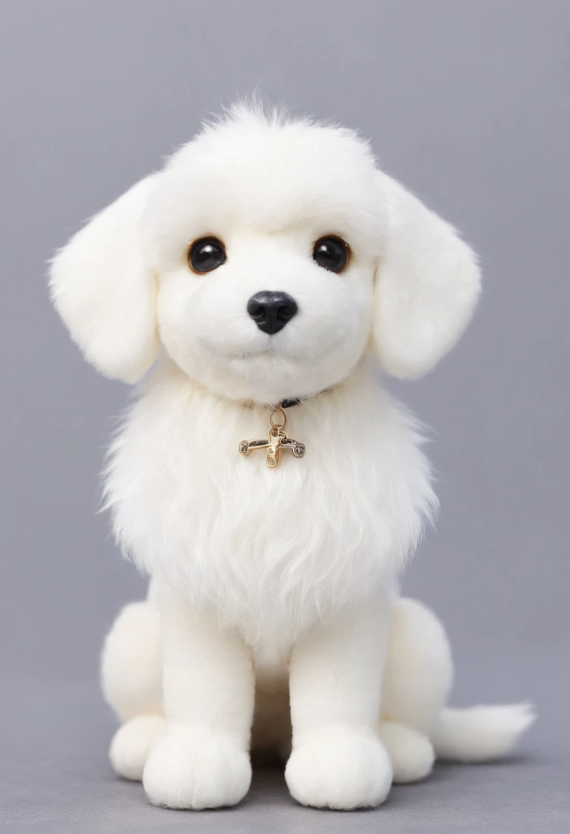 Size that can be attached to a keychain、Cute stuffed dog with pure white and curly hair、The color of the ears is black、The rest of the body is white.