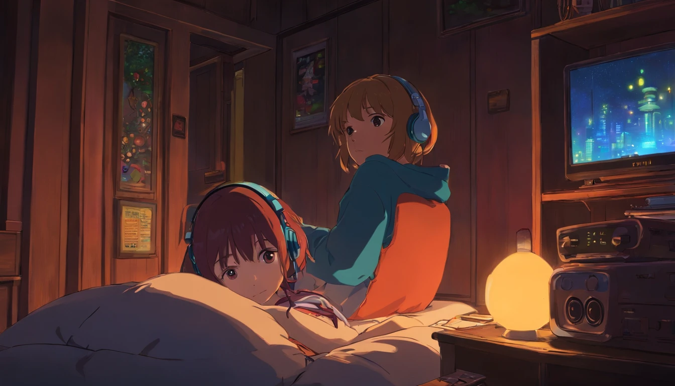 Girl listening to music in a comfortable room at night, Using headphones, 2D style anime, Lo-fi, Hard disk, Dark environment lying down