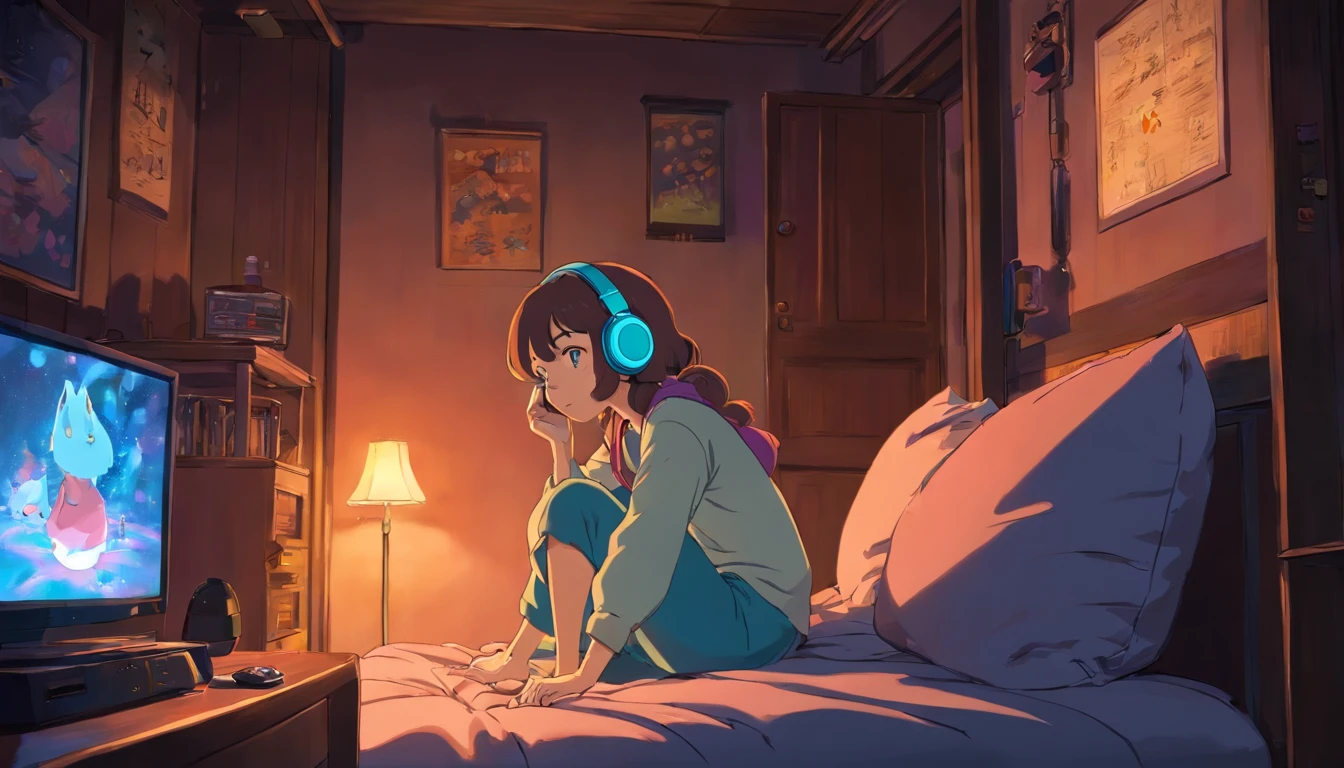 Girl listening to music in a comfortable room at night, Using headphones, 2D style anime, Lo-fi, Hard disk, Dark environment lying down