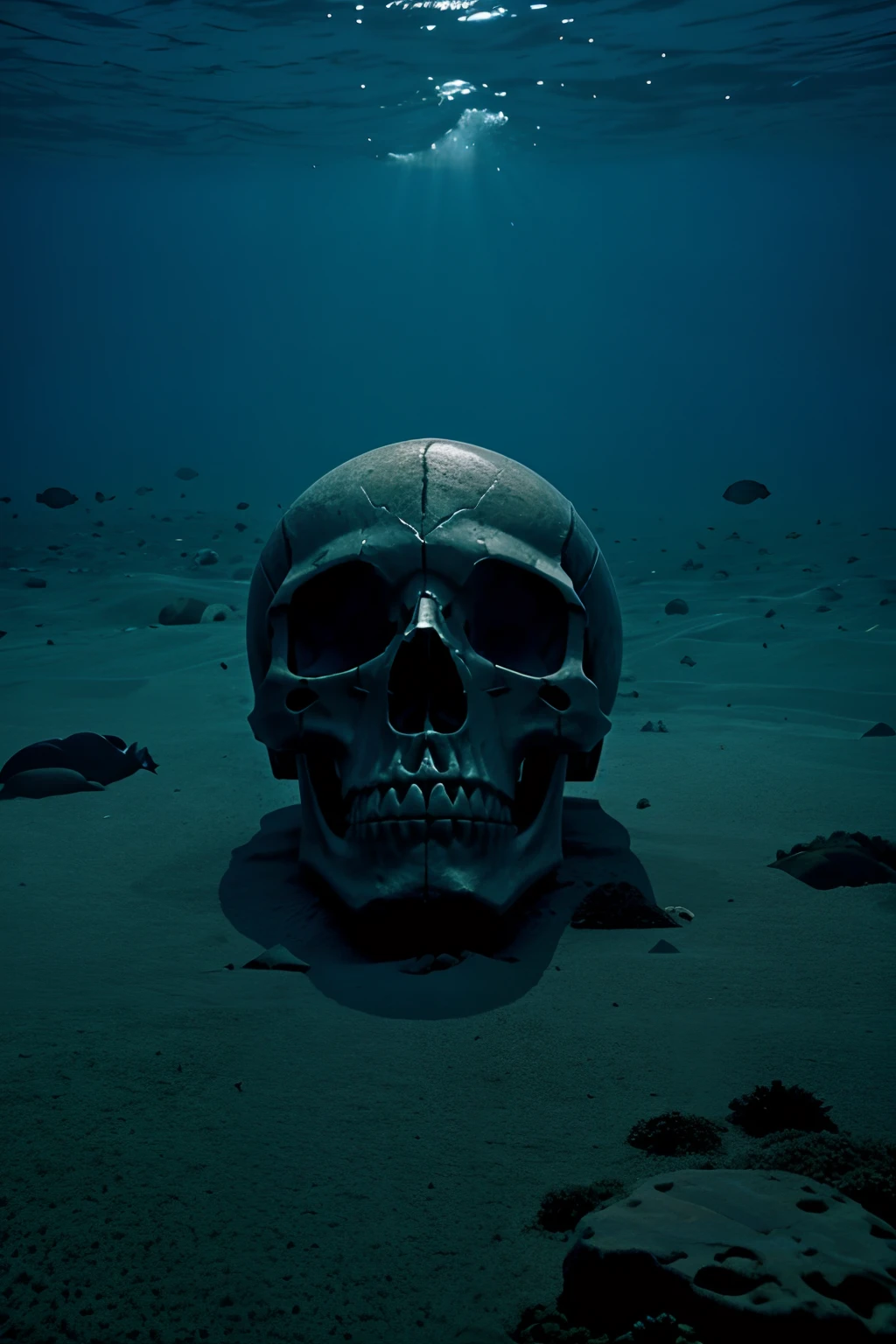 The skull lies at the bottom of the sea