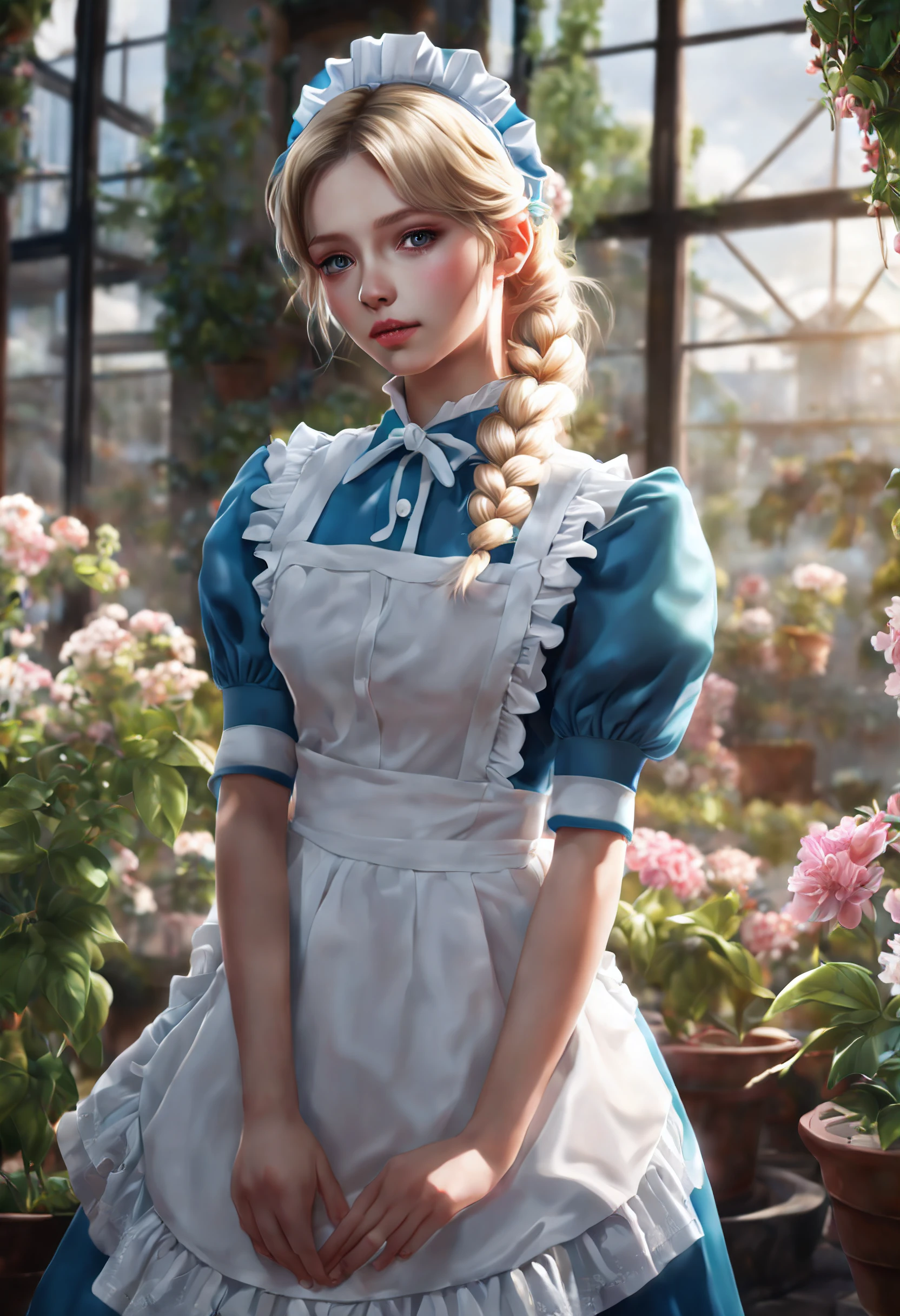 ((flower style)), (advntr), (1girl), (((solo))), (realistic:1.5), light particles, light rays, victorian, (best illustration), photorealistic, octane render, 8k, neon light, flying cars, detailed face, detailed eyes, ((maid)), maid headband, long braid, very long hair, blonde hair, blue eyes, (sharp eyeliner, eyeshadow, detailed eyes:1.1), (Ulzzang-6500), model pose, (standing), (outdoors), noon time, public area, indoors, (green house in the background), BREAK G36