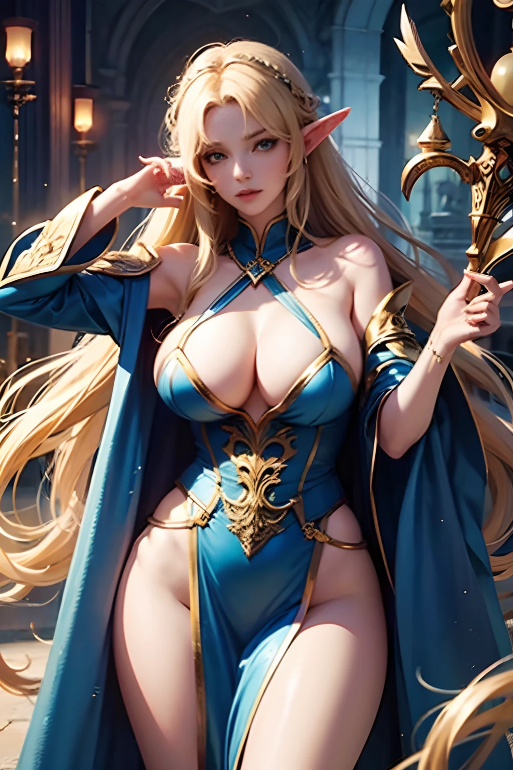 elf , wizard, woman, long blonde hair, large , large hips, using a cloak