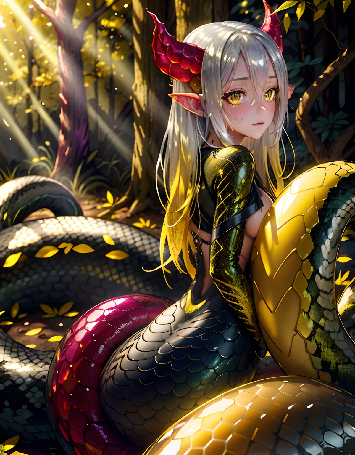 detailed snake skin, (Adult ), solo focus, (lamia), stoic, monster girl, (short horns), beautiful eyes, beautiful background, abandoned cabin, forest, light particles, sun rays, dramatic lighting, outside, grass, leaves, shiny (yellow, ruby, sliver gradient:1.5), realistic, masterpiece, best quality, ultra-detailed, detailed, scenery, beautiful detailed eyes, detailed blonde hair