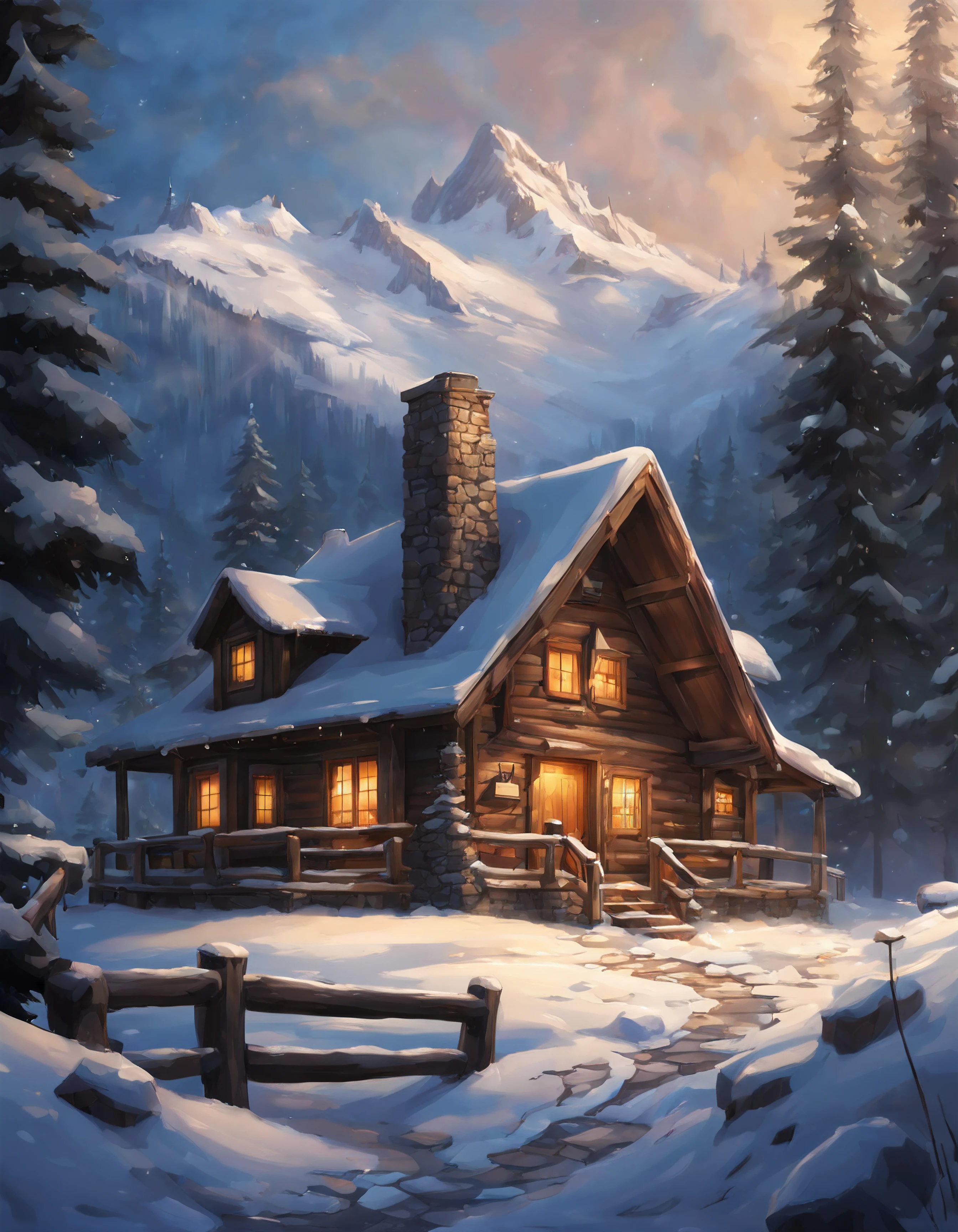 A secluded mountain cabin, nestled amidst towering peaks, surrounded by pristine snow. Smoke gently rises from the chimney, and warm light spills from the windows, inviting you to seek refuge in its cozy embrace. Rustic serenity, snow-covered haven, tranquil isolation, alpine retreat, idyllic solitude, anime realism, perfect illustration