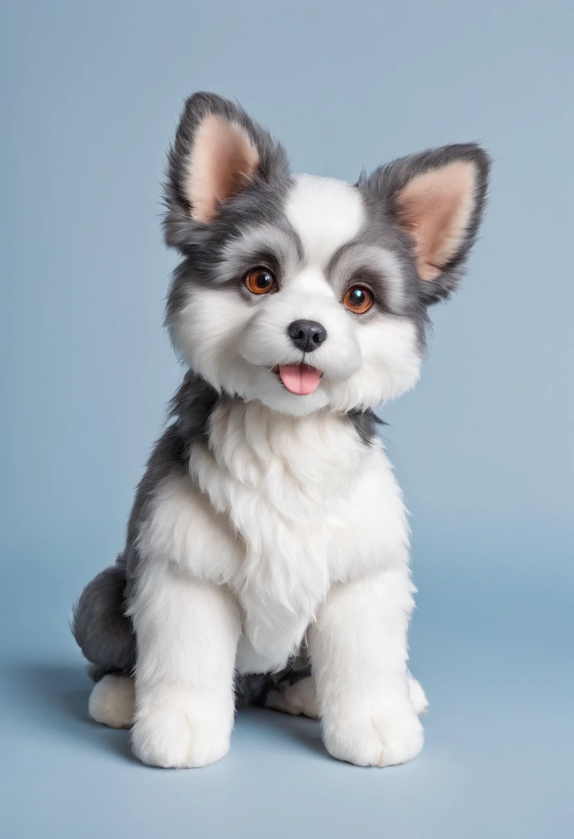 Fluffy and,Adorable stuffed dog、The dog's body is covered with pure white socks.、The color of both ears is black