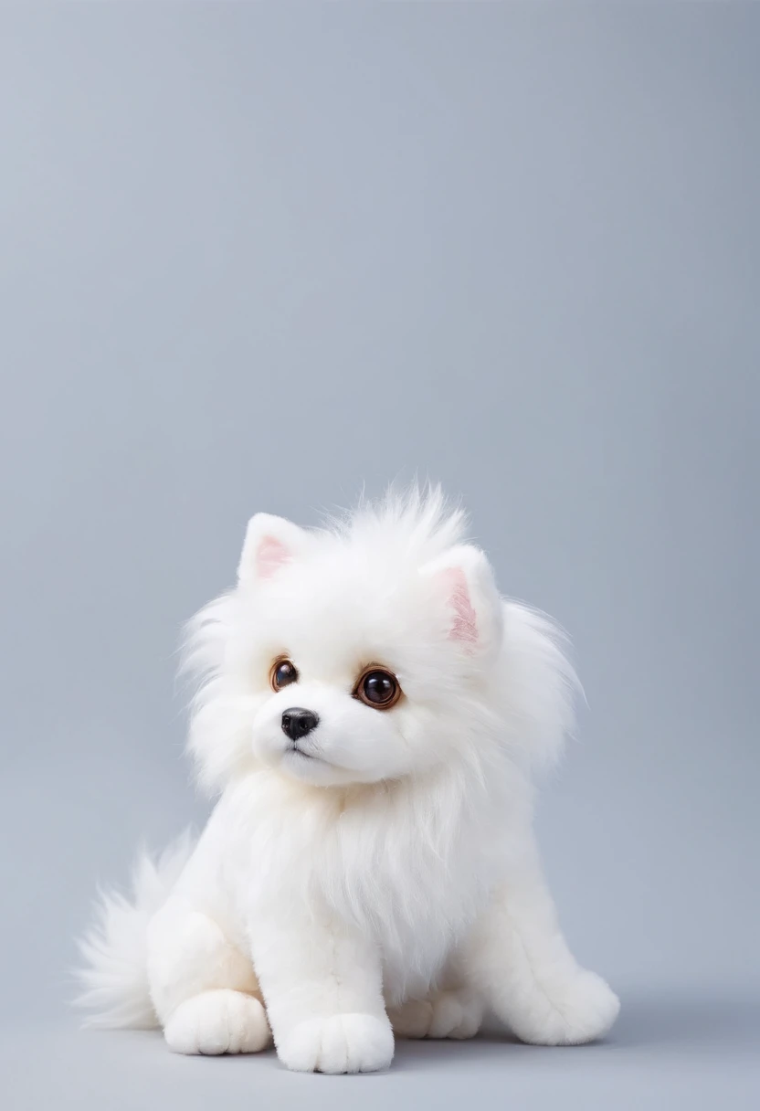 Fluffy and,Adorable stuffed dog、The dog's body is covered with pure white socks.、The color of both ears is black