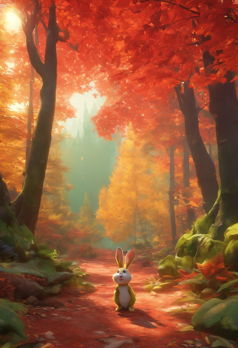 (An explorer rabbit looks at the map，Hike through the forest), 
（The rabbit is looking at the map and looking at the map：1.37），（The rabbit is looking at a map：1.37）hairy,  Big green bright eyes,, The rabbit wears a stylish green adventure outfit,green shorts， Wear red hiking boots on your feet， cute ears, (Green camping hat, Carry a green backpack with you, trowels, camping equipment, compass,)
(Curious to explore expressions:1.37), Exaggerated，Cartoon, 4D, Fox,at centre，Three-point system
Add a little background: Autumn Leaf Forest Trail Red Forest, autumn forest, red illuminating fog, In a red dream, really beautiful forest, Beautiful forest, Beautiful hazy wood, Red shade spray, Breathable and beautiful trees, breath-taking beautiful trees, red fog, beautiful forests and trees, Bright but dark red, red trees, a 3D render
{{Masterpiece}}, {{{Best quality}}}, {{Ultra-detailed}}, {{{illustration}}},concept art of character,Game scene graph,Clear facial features,close up photograph,Photography,postapocalyptic,Masterpiece,archviz/building rendering,rendering,corona rendered,rendering by octane,v-ray,High detail,hyper qualit,high resolution,trending on artstationh,hyper photorealism,surrealism,k hd,8K tilt shift,Long shot,Split Lighting,