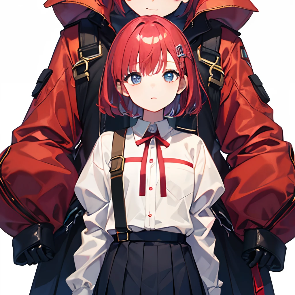 Pure white background、Red-haired、short-cut、girl with、is standing、