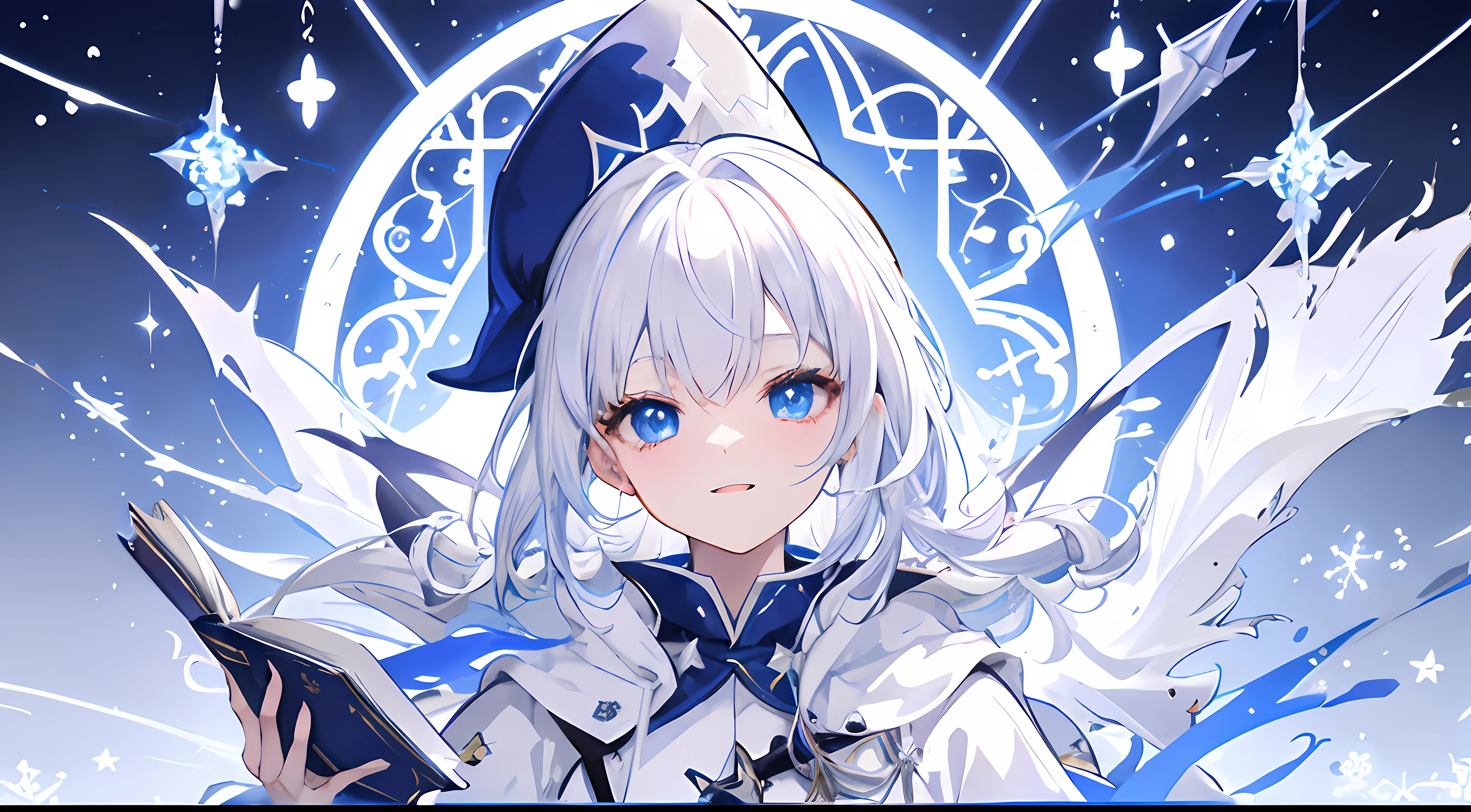 White-haired, White costume, Wizard Anime Characters, Wizard Detail Art,Sorcerer、 portrait of a wizard, from arknights, Magic circle of snowflakes、The Magic of Snowflakes、long white hair、Glowing blue hair、A wizard wearing a white robe、blue eyess、Have a spell book、Plain white background、Wear white boots、Snowflake、Snow Magic Effects、Wizard Costume、Laughing Girl、cool、mature、Dark Wizard's Hat、magic circles、detailed anime character art, Red snowflake,Clear eyes