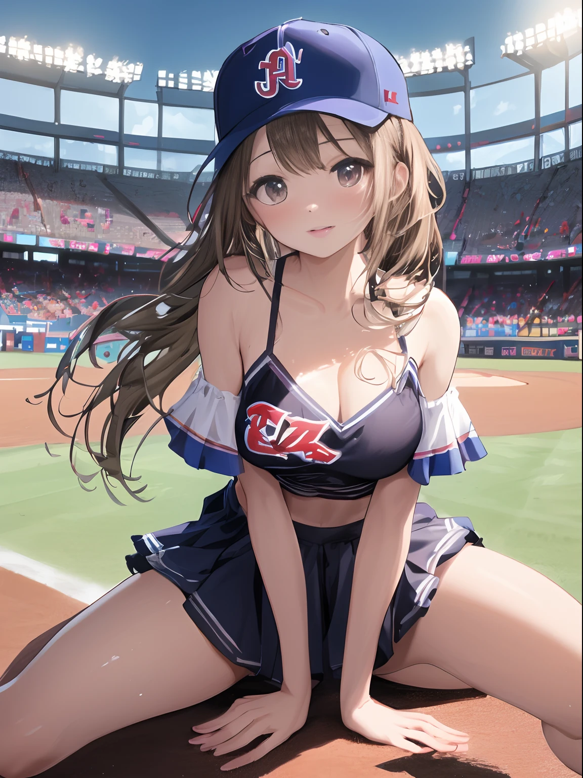 （tmasterpiece，best qualtiy：1.3），（Ultra-detailed 8k CG：1.2），（On a Baseball Stadium：1.3），Wearing a baseball cap，Wear a sexy camisole，，1 Beautiful Japanese girl，age 22，Supermodel，opulent，Japan idol，__expression__，（Large curvy Breasts），{topfloor background}，reflective light，Medium Shot Shot，Seductive pose，Lace，pantiess，stocklings，Superskirt，Big waves，leg wide open，M legs，Caress your thighs，peeping at the viewer，Wearing sweat