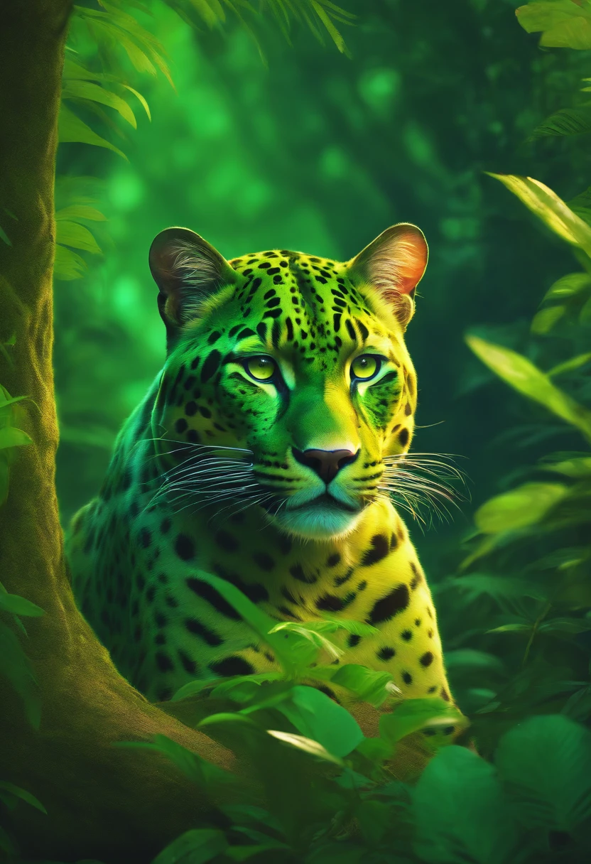A green panther looking straight, Multidimensional art style, royal background, 16K HD wallpaper,top-quality,Ray tracing,ghibli artstyle,Anime real cat-animal concept art