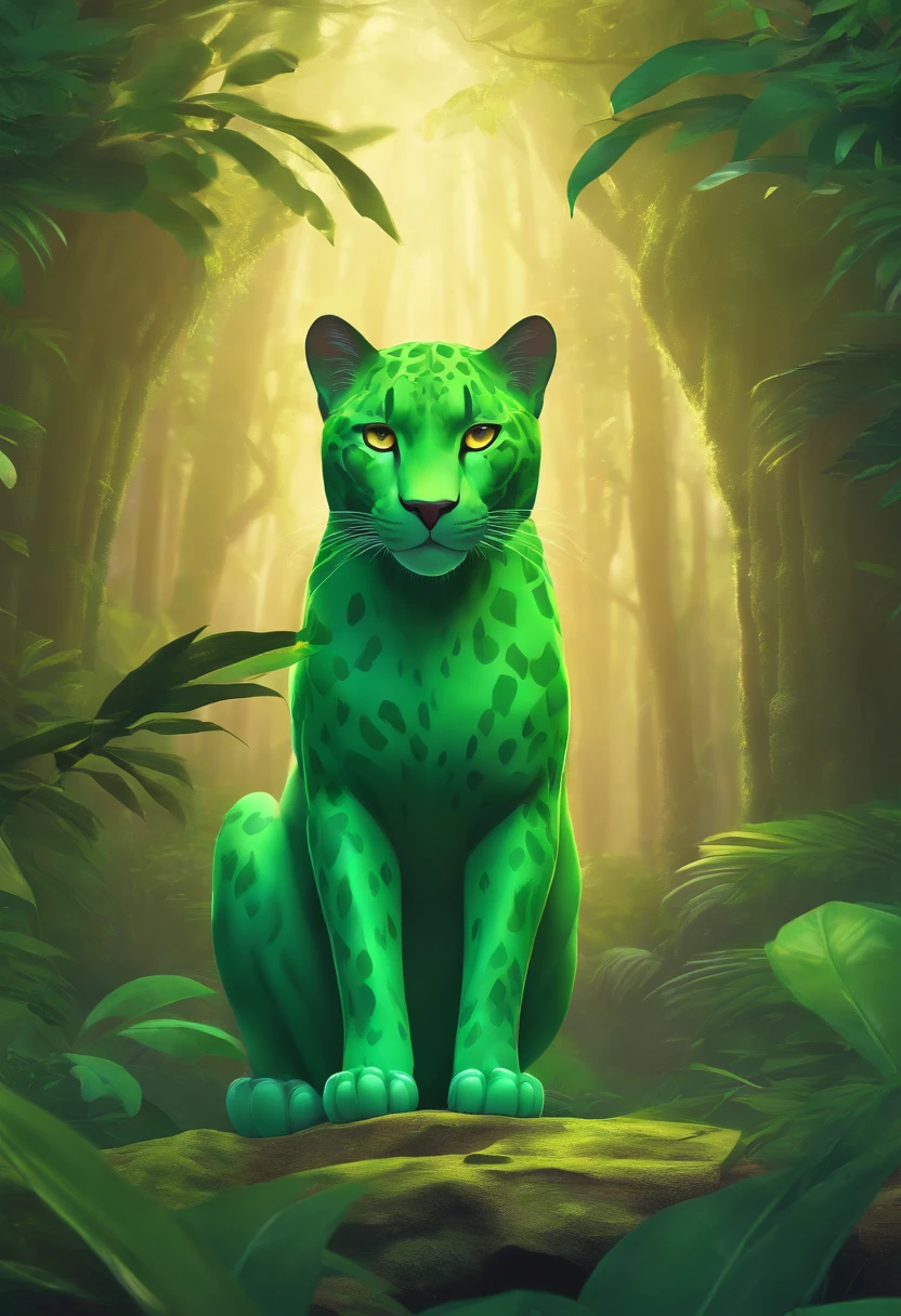 A green panther looking straight, Multidimensional art style, royal background, 16K HD wallpaper，top-quality，Ray tracing，ghibli artstyle，Anime real cat-animal concept art