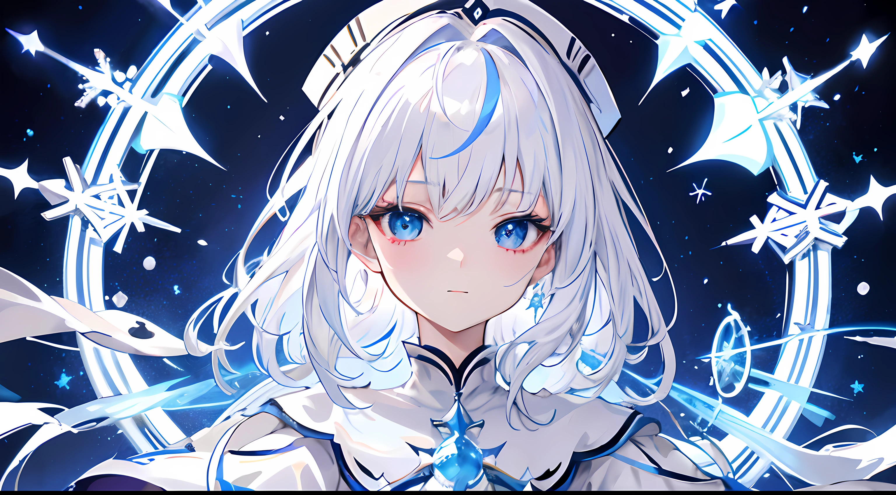 White-haired, White costume, Wizard Anime Characters, Wizard Detail Art,Sorcerer、 portrait of a wizard, from arknights, Magic circle of snowflakes、The Magic of Snowflakes、long white hair、Glowing blue hair、A wizard wearing a white robe、blue eyess、Have a spell book、Plain white background、Wear white boots、Snowflake、Snow Magic Effects、Wizard Costume、Laughing Girl、cool、mature、Dark Wizard's Hat、magic circles、detailed anime character art, Red snowflake，Clear eyes