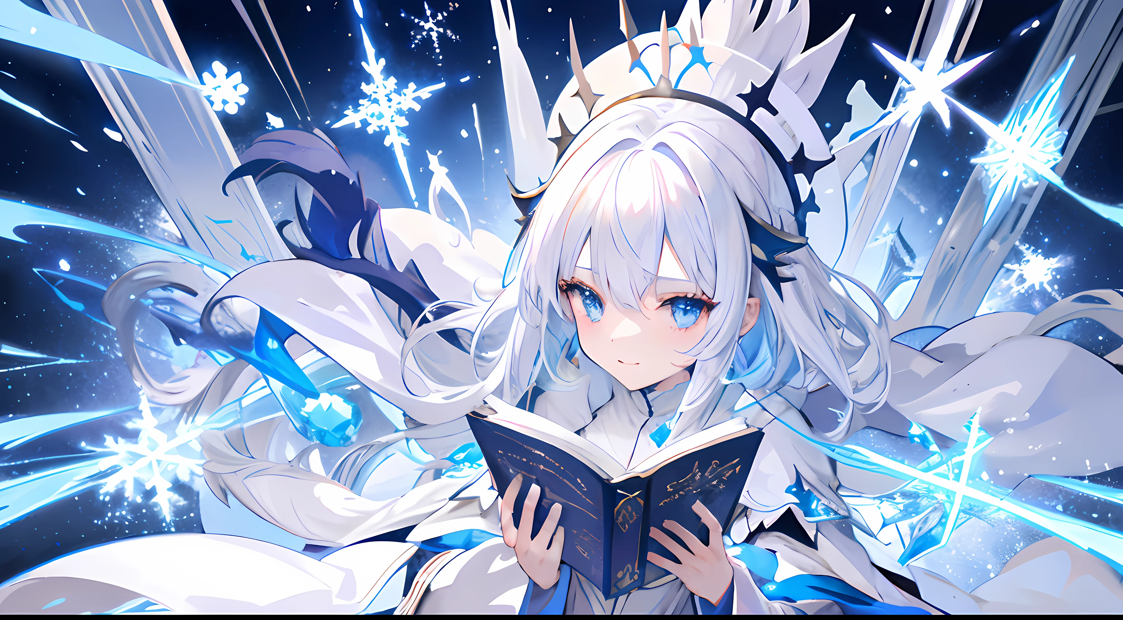 White-haired, White costume, Wizard Anime Characters, Wizard Detail Art,Sorcerer、 portrait of a wizard, from arknights, Magic circle of snowflakes、The Magic of Snowflakes、long white hair、Glowing blue hair、A wizard wearing a white robe、blue eyess、Have a spell book、Plain white background、Wear white boots、Snowflake、Snow Magic Effects、Wizard Costume、Laughing Girl、cool、mature、Dark Wizard's Hat、magic circles、detailed anime character art, Red snowflake,Clear eyes