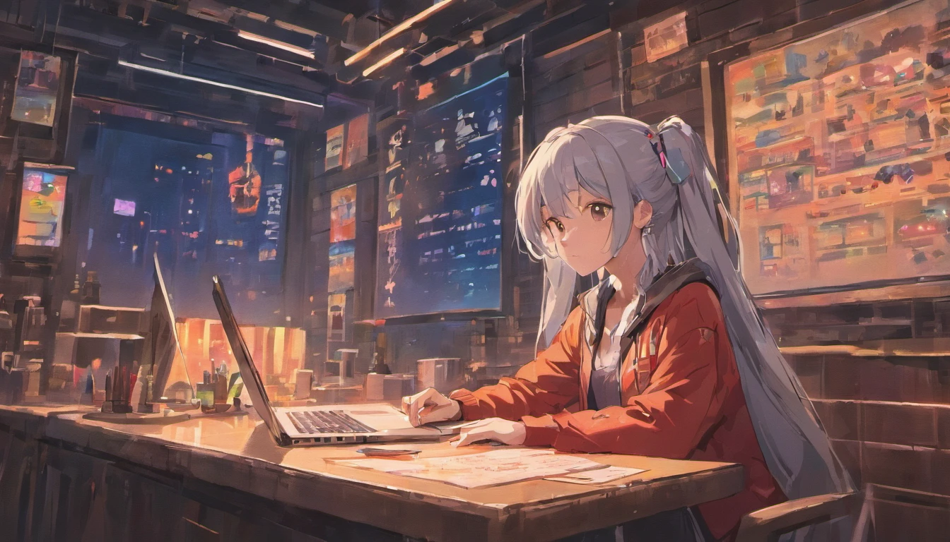 Anime girl sitting at table with laptop and headphones inside, night view in window, ZERO Girl, Compliment Art Style, Lofi Portrait, Lofi Art, Lofi Sensation, zero, ZERO vibes, Chillhop, lofi girl aesthetic, Lo-fi Art, ZERO color, lo-fi style illustration, Hip Hop Lofi, lofi aesthetic