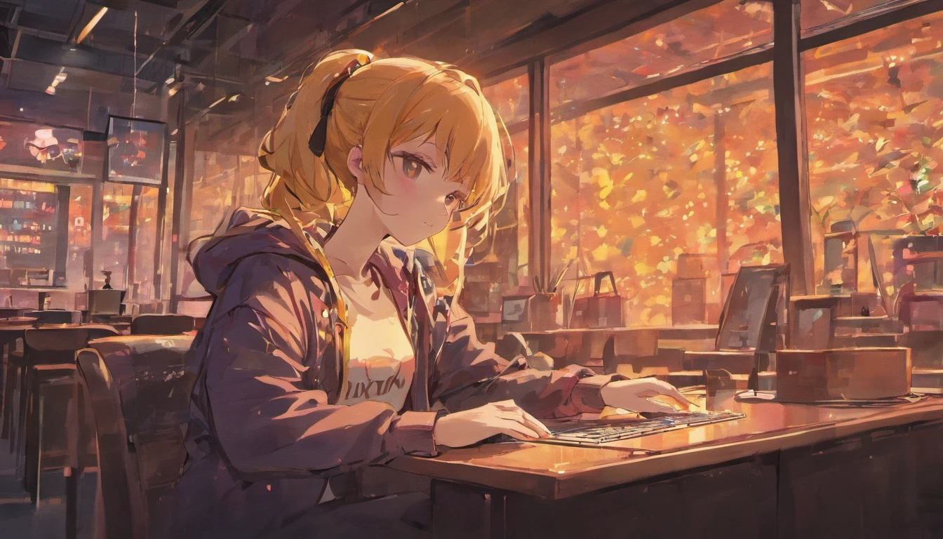 Anime girl sitting at table with laptop and headphones inside, night view in window, ZERO Girl, Compliment Art Style, Lofi Portrait, Lofi Art, Lofi Sensation, zero, ZERO vibes, Chillhop, lofi girl aesthetic, Lo-fi Art, ZERO color, lo-fi style illustration, Hip Hop Lofi, lofi aesthetic